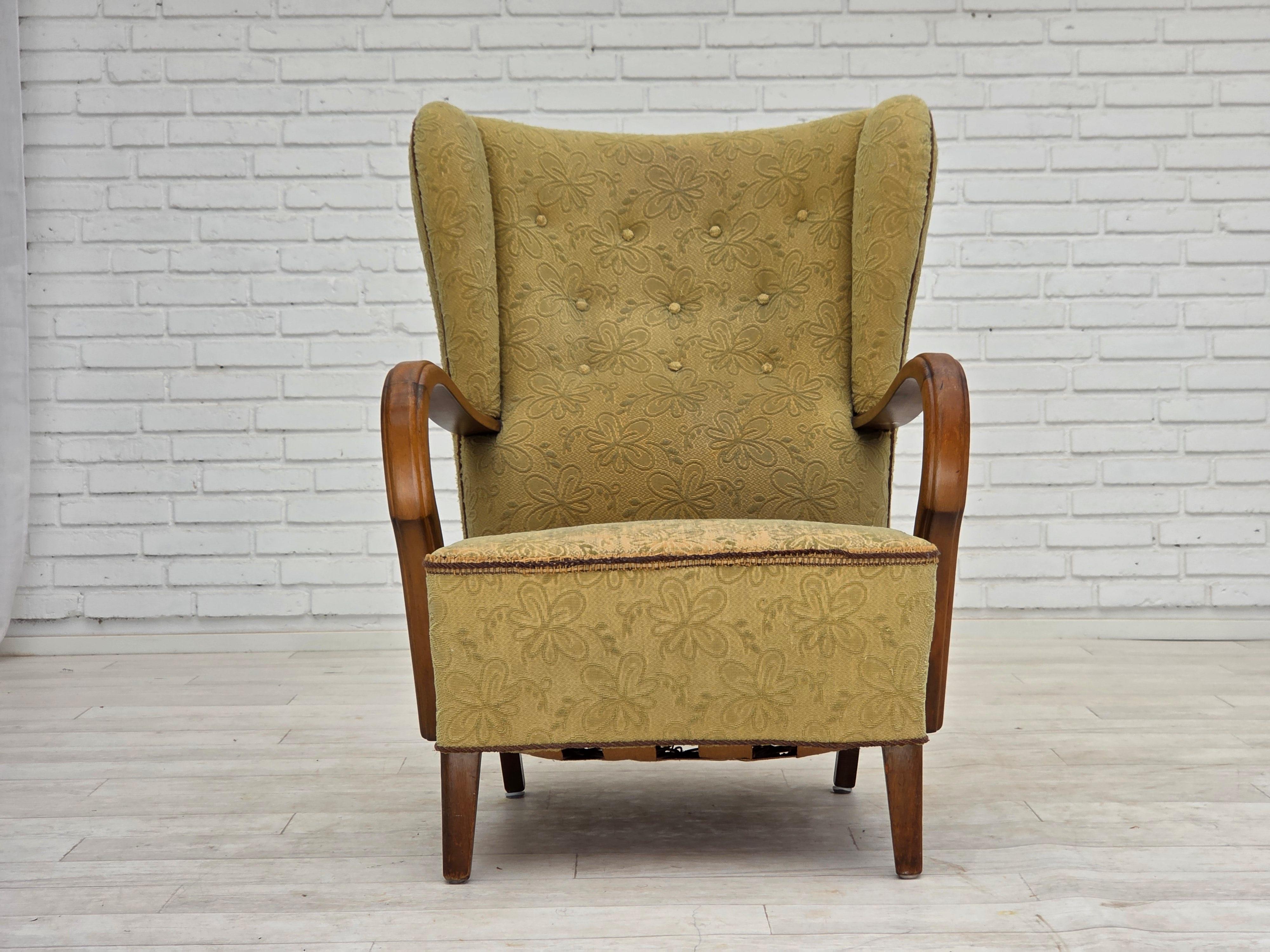 Velvet 1960s, Danish armchair, light green furniture velour, beech wood. For Sale