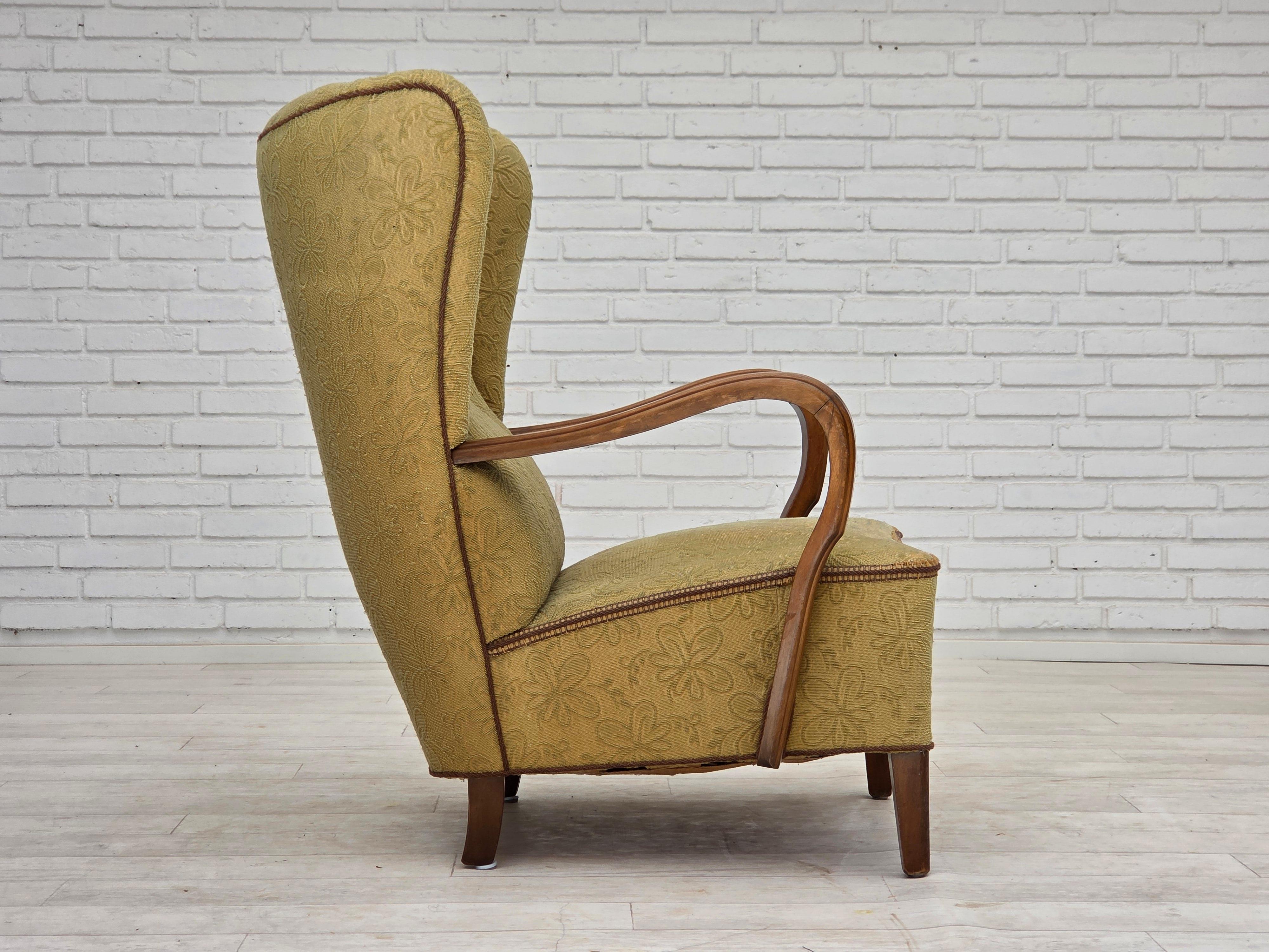 1960s, Danish armchair, light green furniture velour, beech wood. For Sale 1