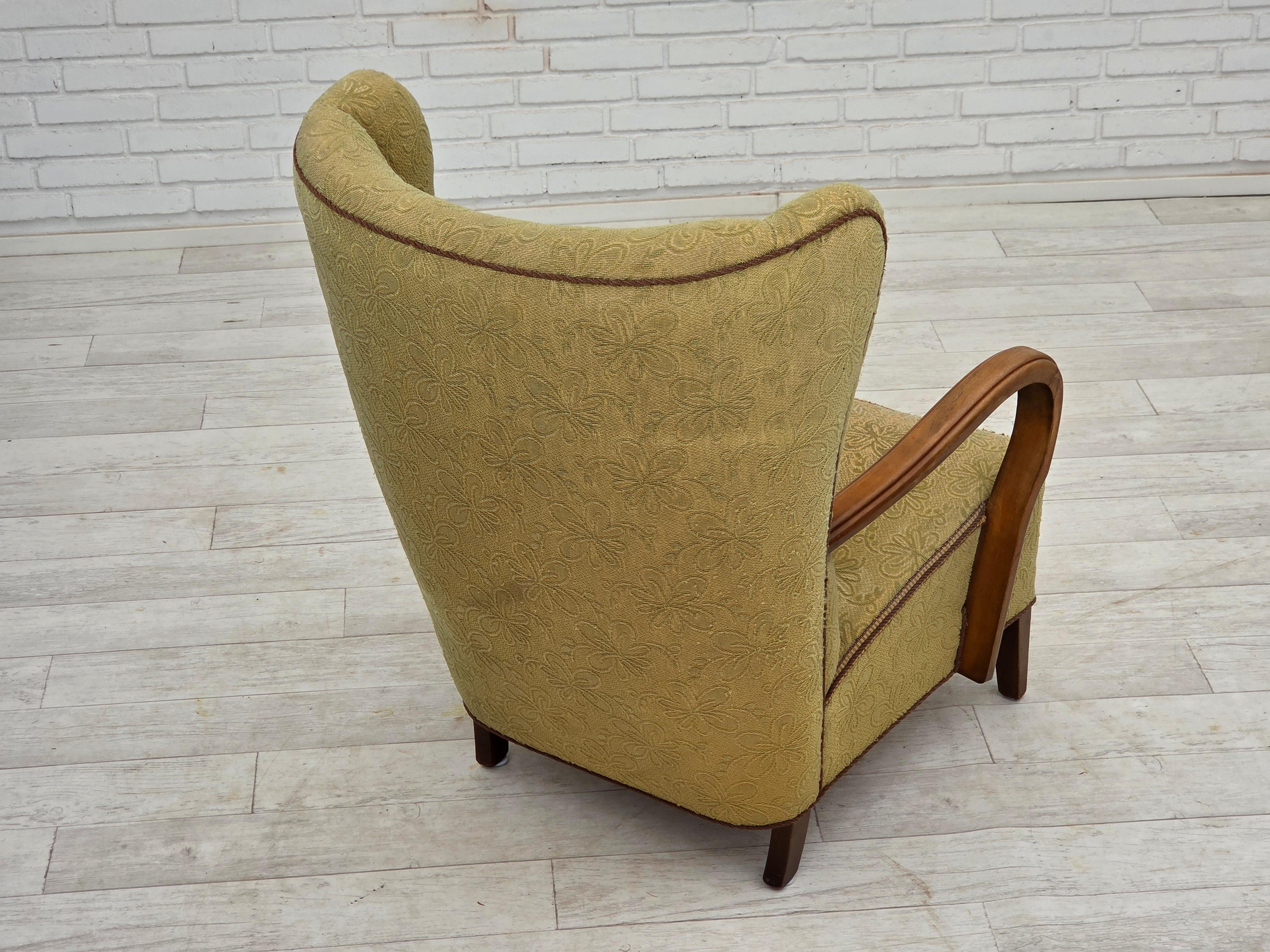 1960s, Danish armchair, light green furniture velour, beech wood. For Sale 2