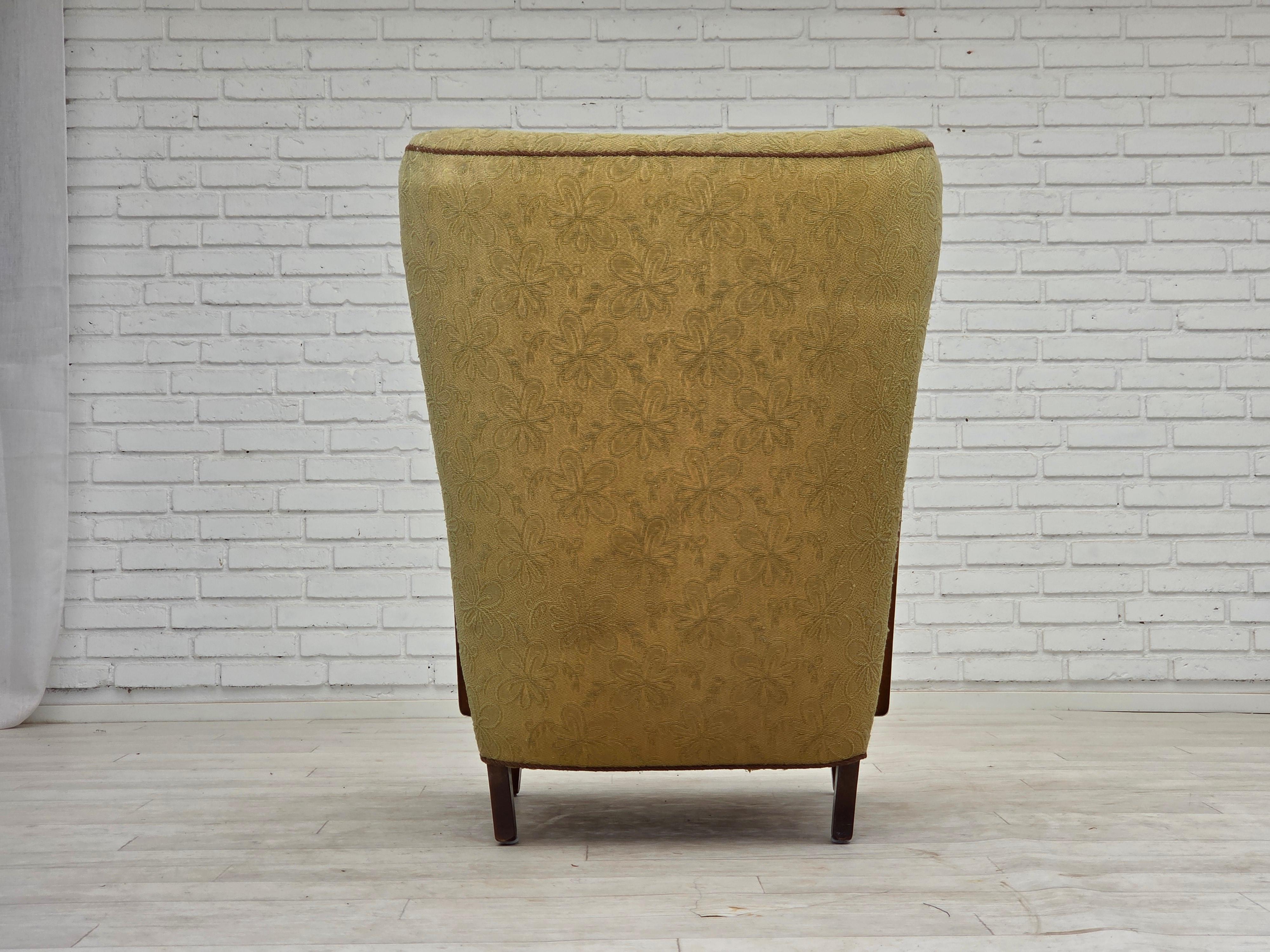 1960s, Danish armchair, light green furniture velour, beech wood. For Sale 3