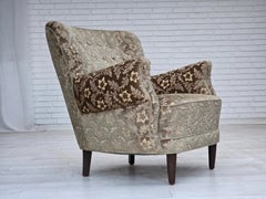 1960s, Danish armchair, light green furniture velour, teak wood legs.