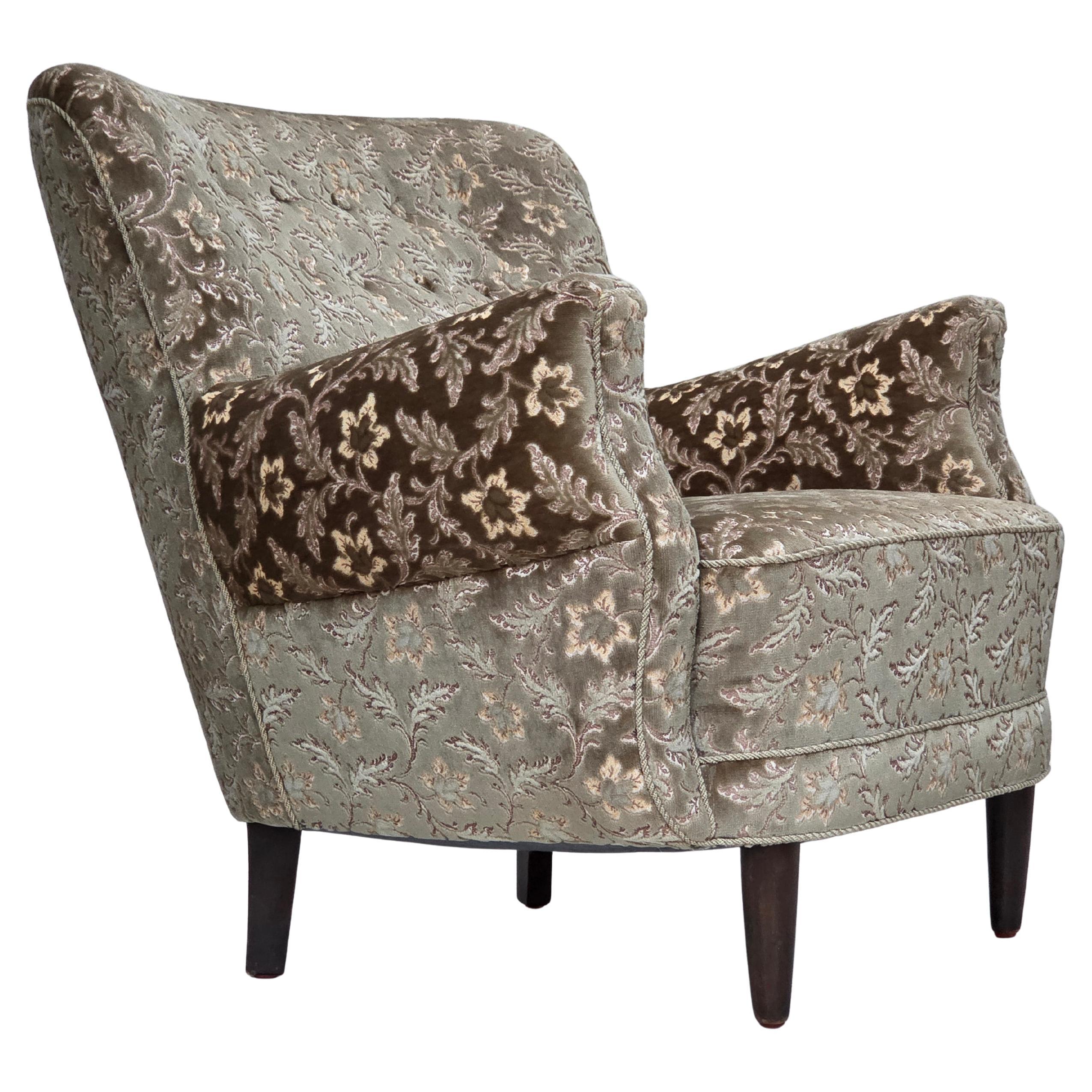 1960s, Danish armchair, light green furniture velour, teak wood legs.