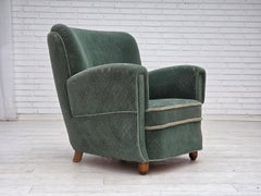 1960s, Danish armchair, light green furniture wool, oak wood legs.