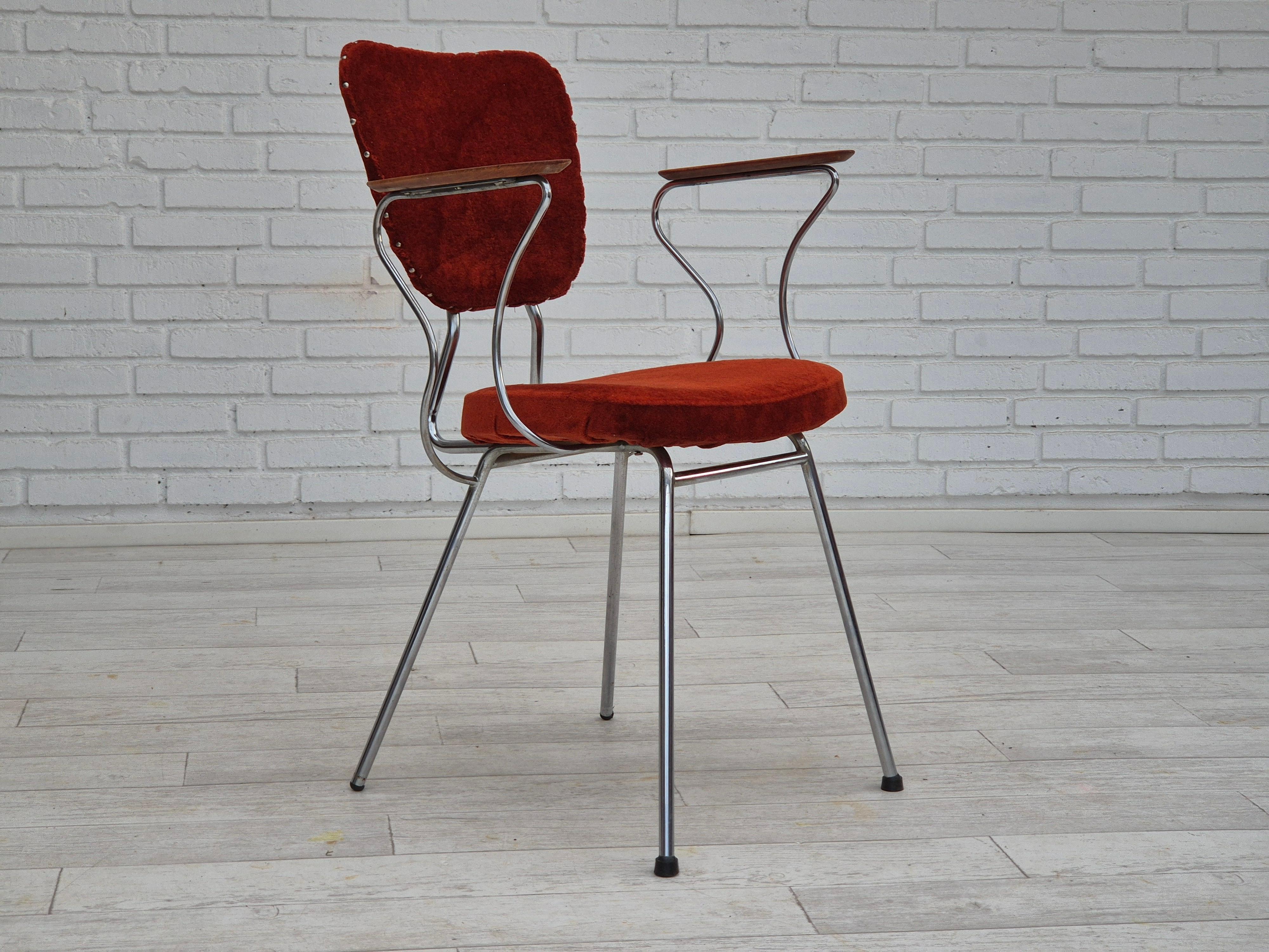 1960s, Danish armchair in original very good condition: no smells, no stains. Furniture fabric, teak wood armrests, chrome steel. Classic Scandinavian 60s design. Manufactured by Danish furniture maker in 1961s (stamp under seat). The chair was