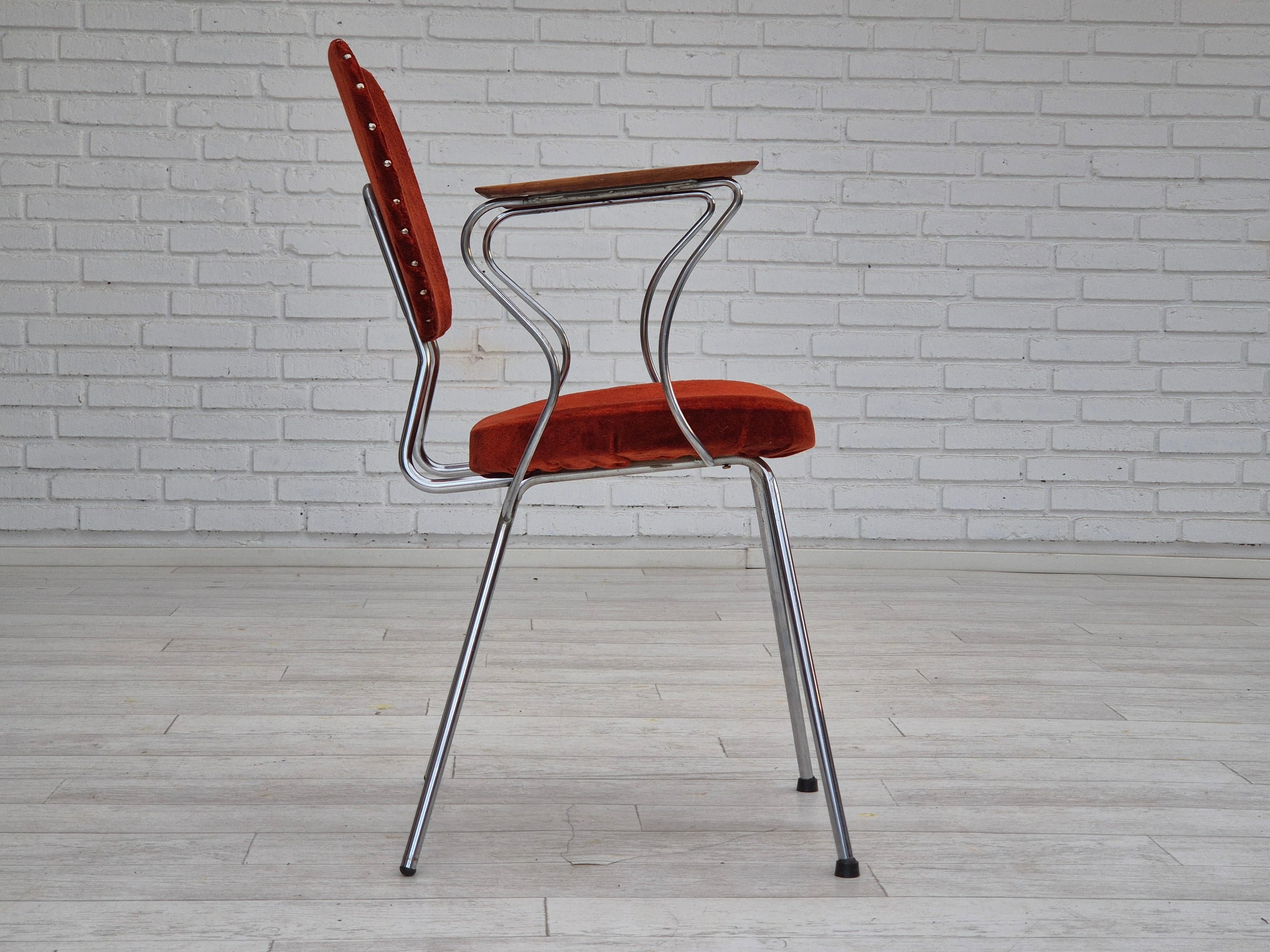 1960s, Danish armchair, original condition, teak wood armrests, chrome steel. For Sale 1