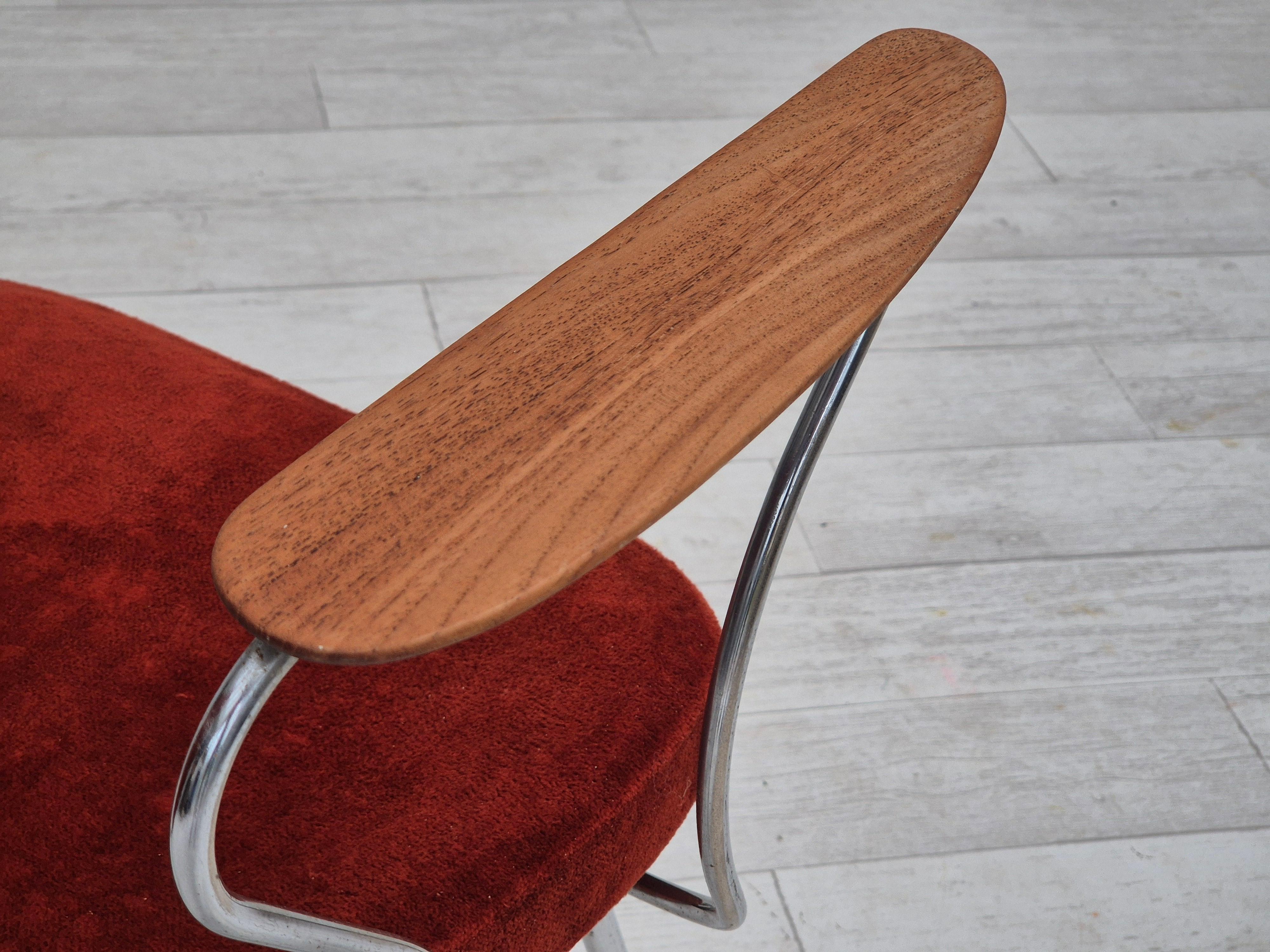1960s, Danish armchair, original condition, teak wood armrests, chrome steel. For Sale 2
