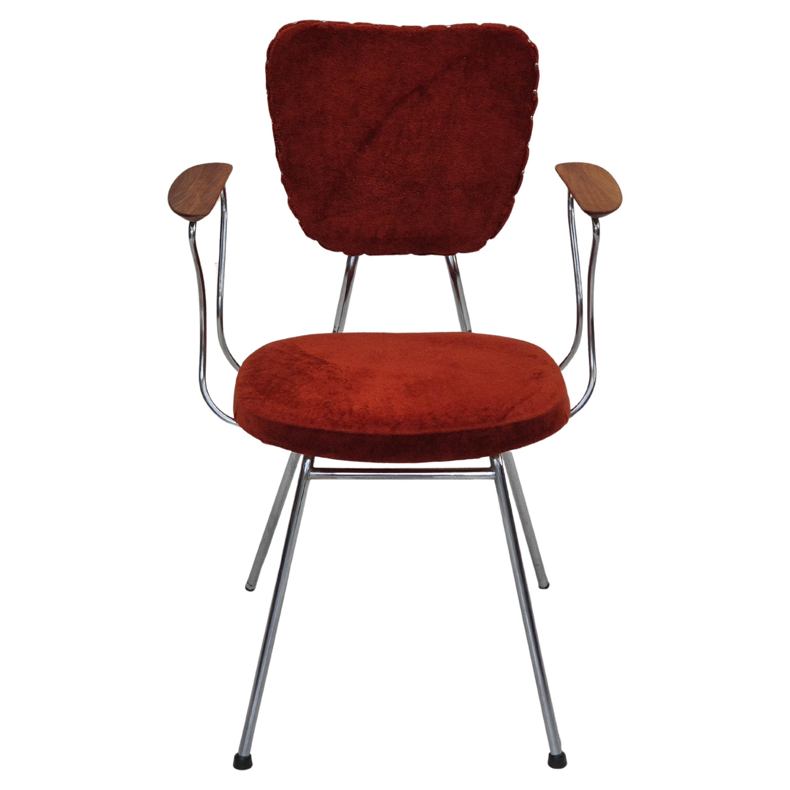 1960s, Danish armchair, original condition, teak wood armrests, chrome steel. For Sale