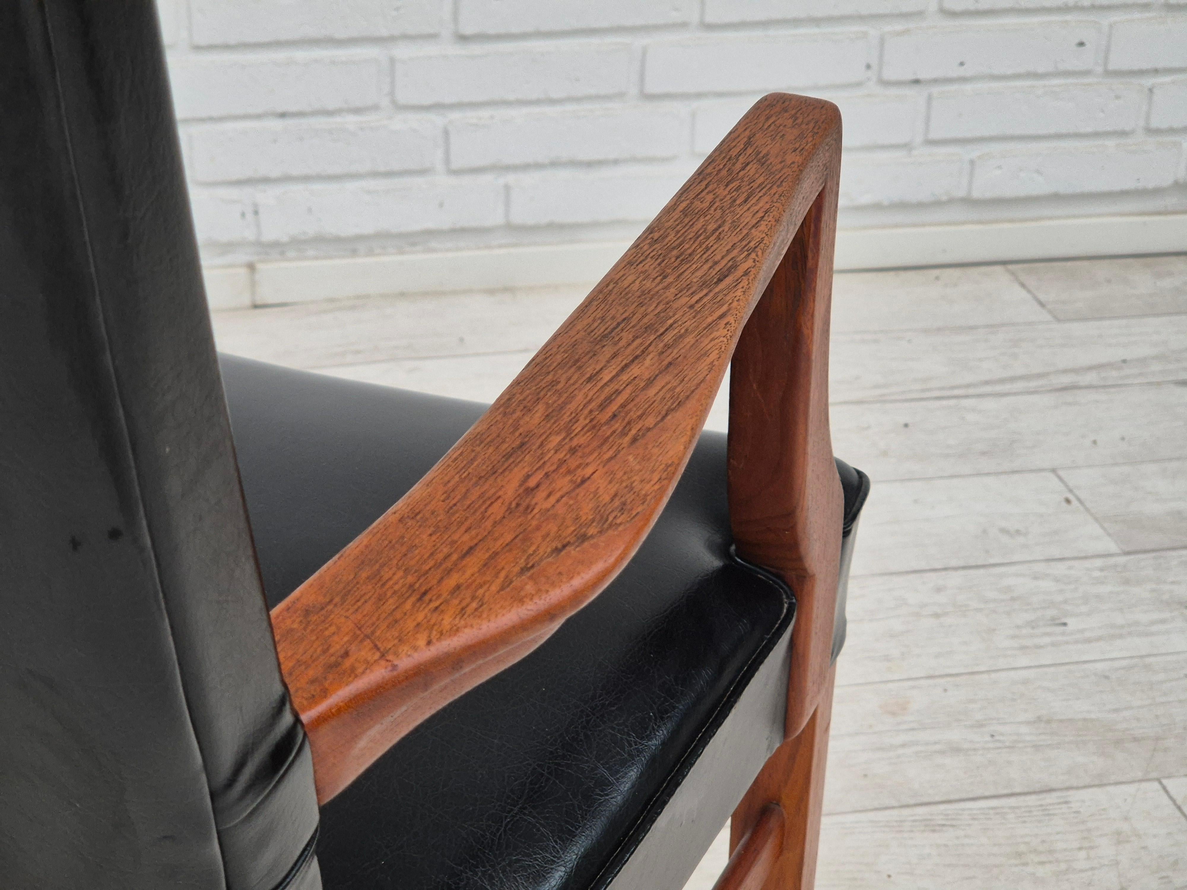 1960s, Danish armchair, original condition, teak wood, artificial leather. For Sale 4