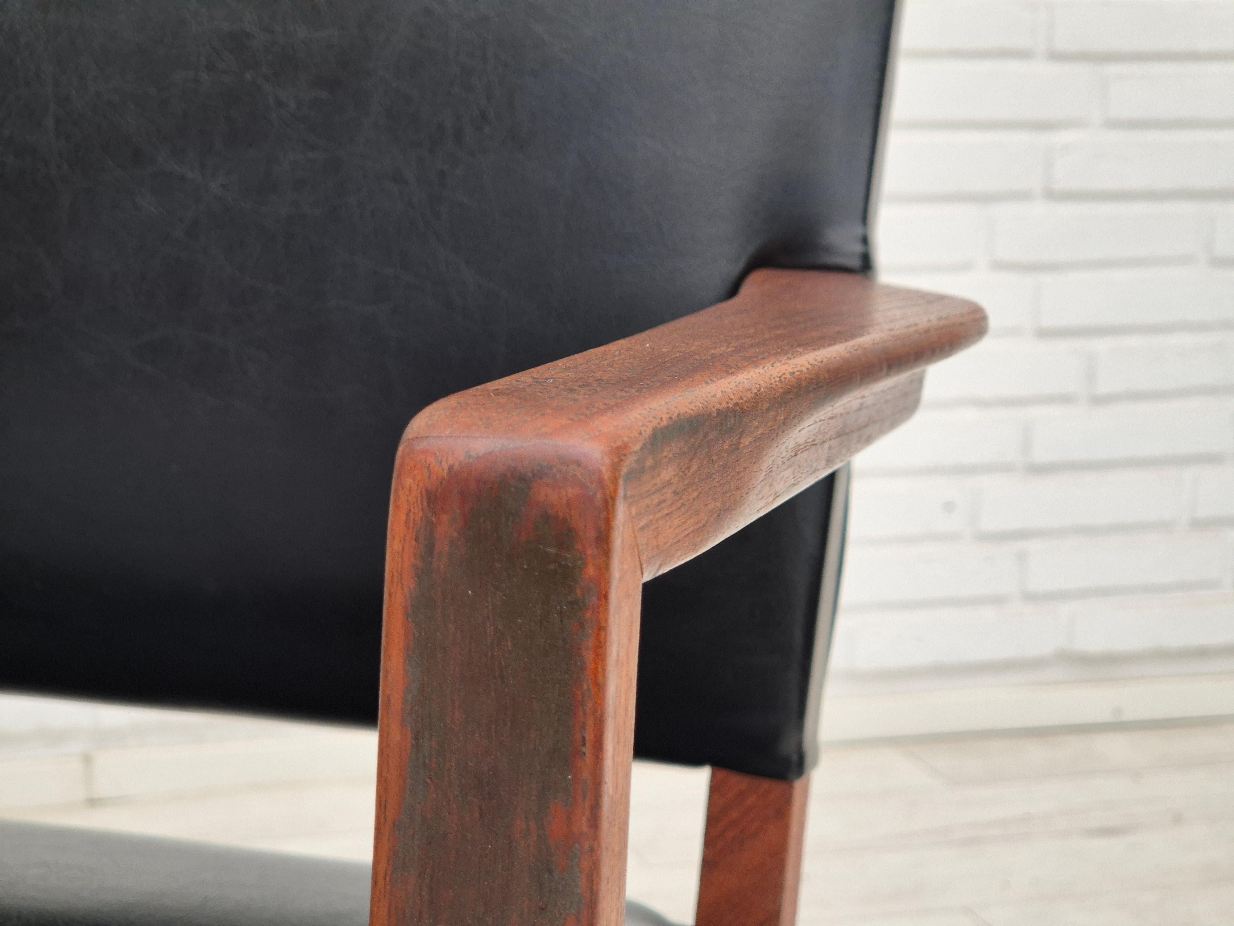 1960s, Danish armchair, original condition, teak wood, artificial leather. For Sale 5