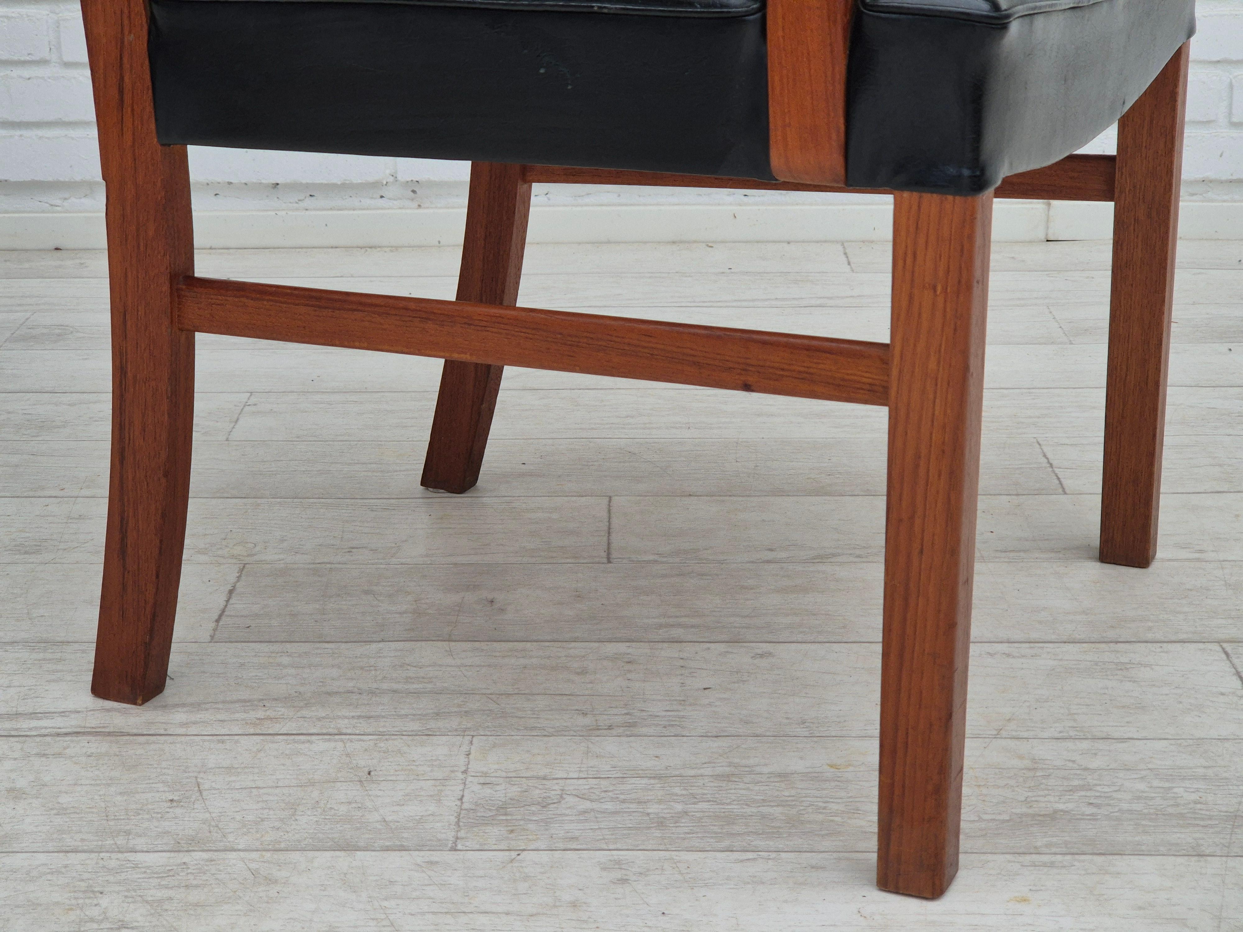 1960s, Danish armchair, original condition, teak wood, artificial leather. For Sale 3