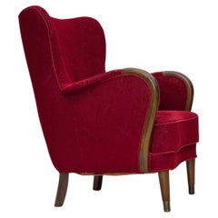 Vintage 1960s, Danish armchair, original condition, wool fabric, beech wood legs.