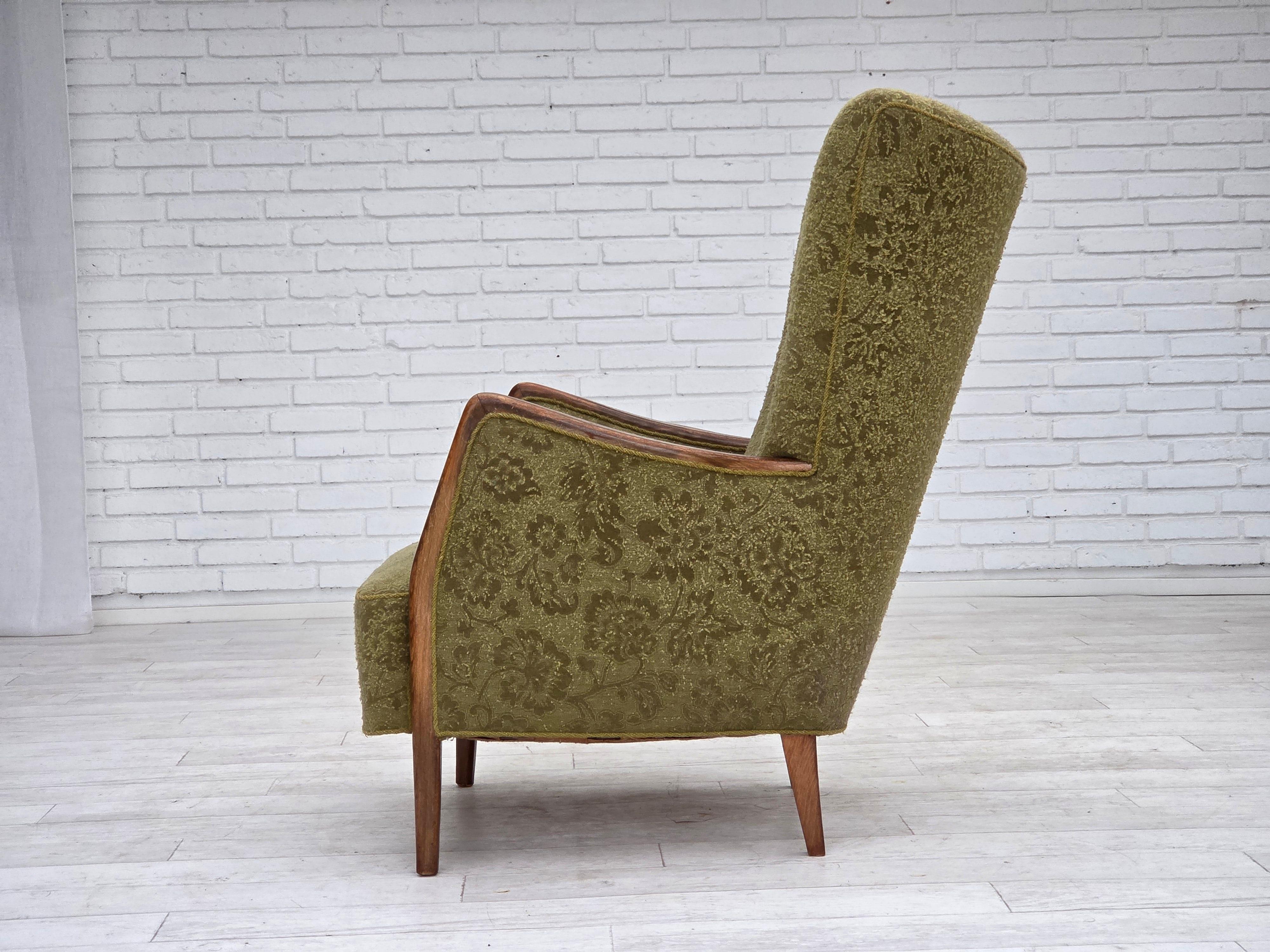 1960s, Danish armchair, original green furniture velour, ash wood. For Sale 4