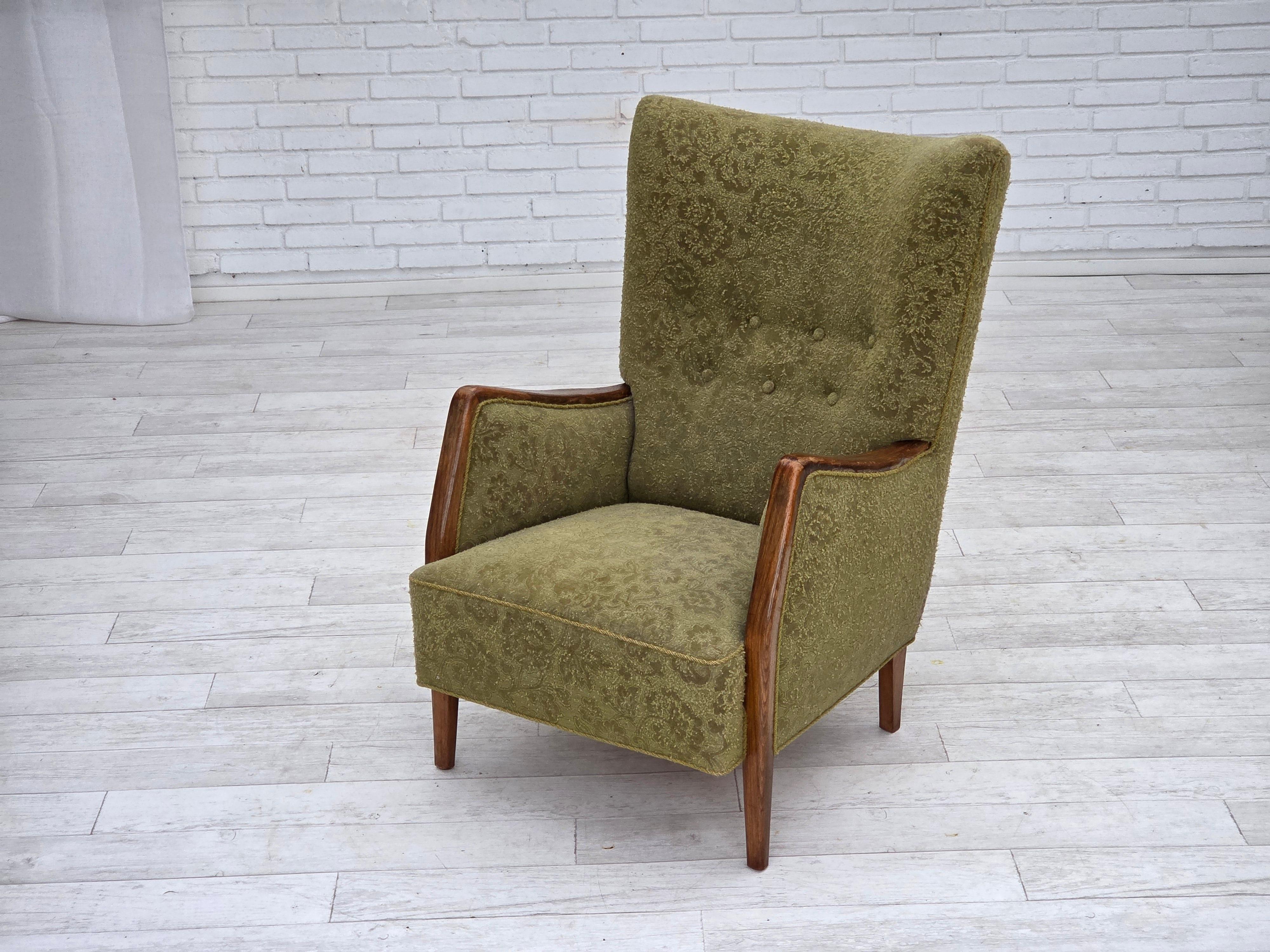 1960s, Danish armchair, original green furniture velour, ash wood. For Sale 5