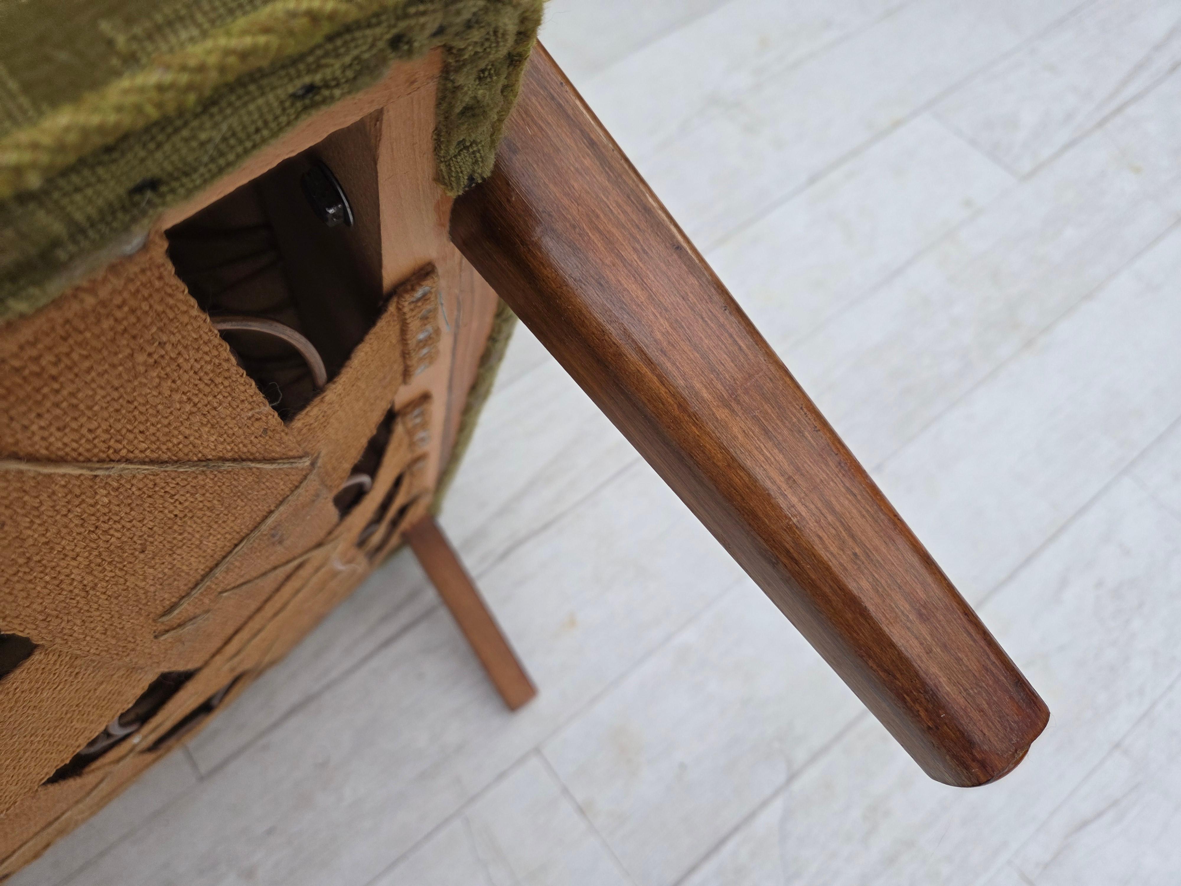 1960s, Danish armchair, original green furniture velour, ash wood. For Sale 7