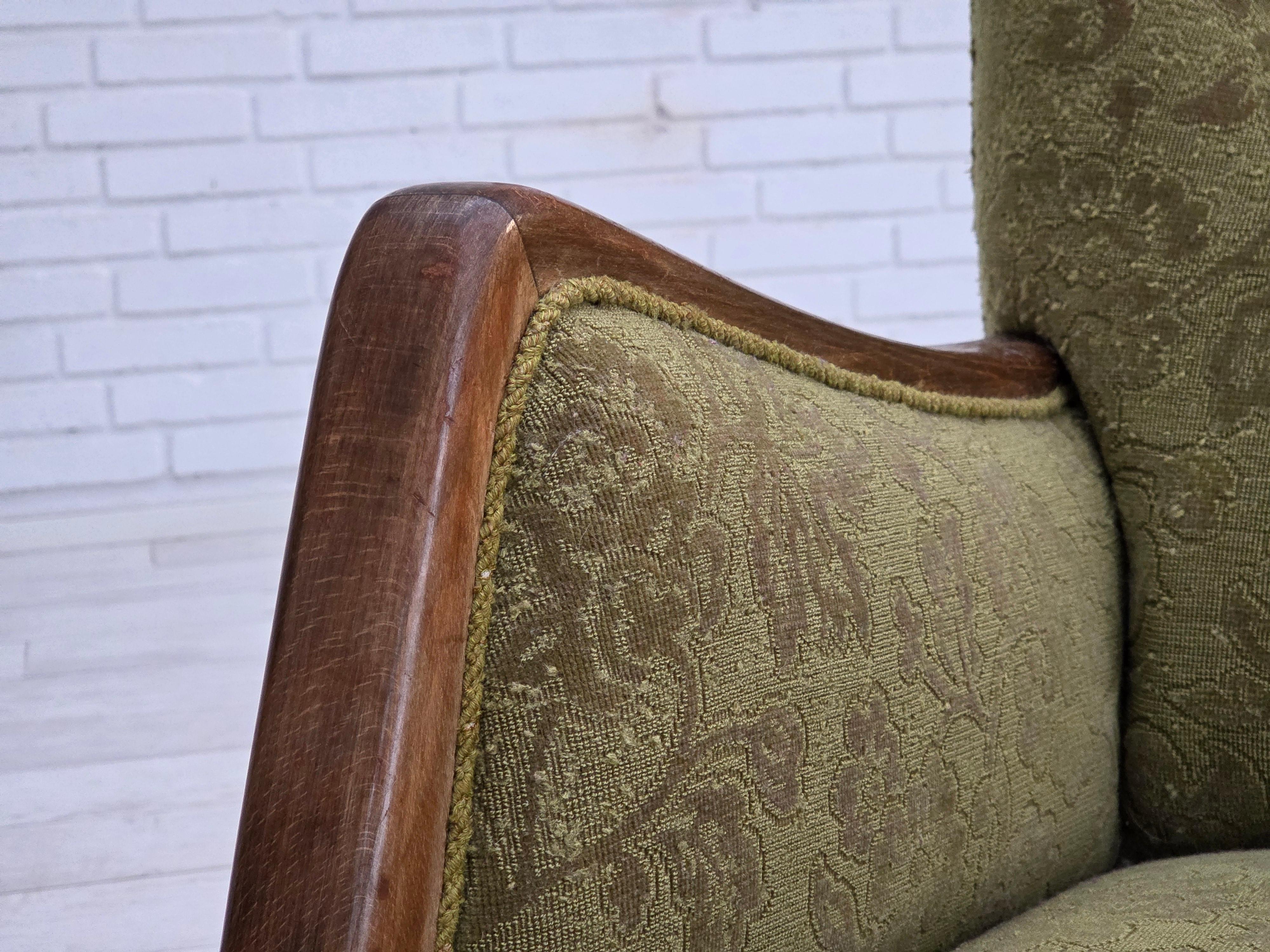 1960s, Danish armchair, original green furniture velour, ash wood. For Sale 10