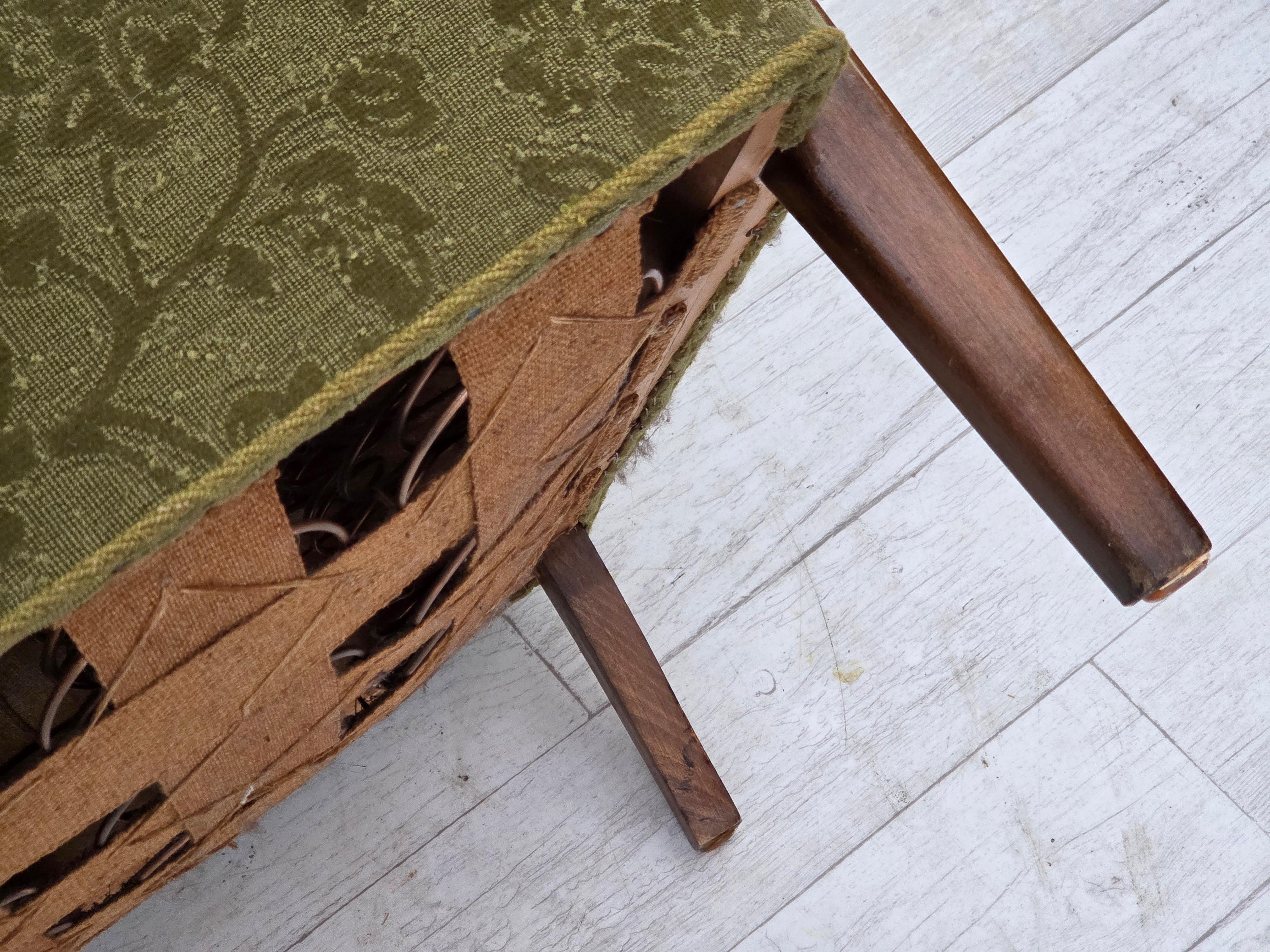 1960s, Danish armchair, original green furniture velour, ash wood. For Sale 11