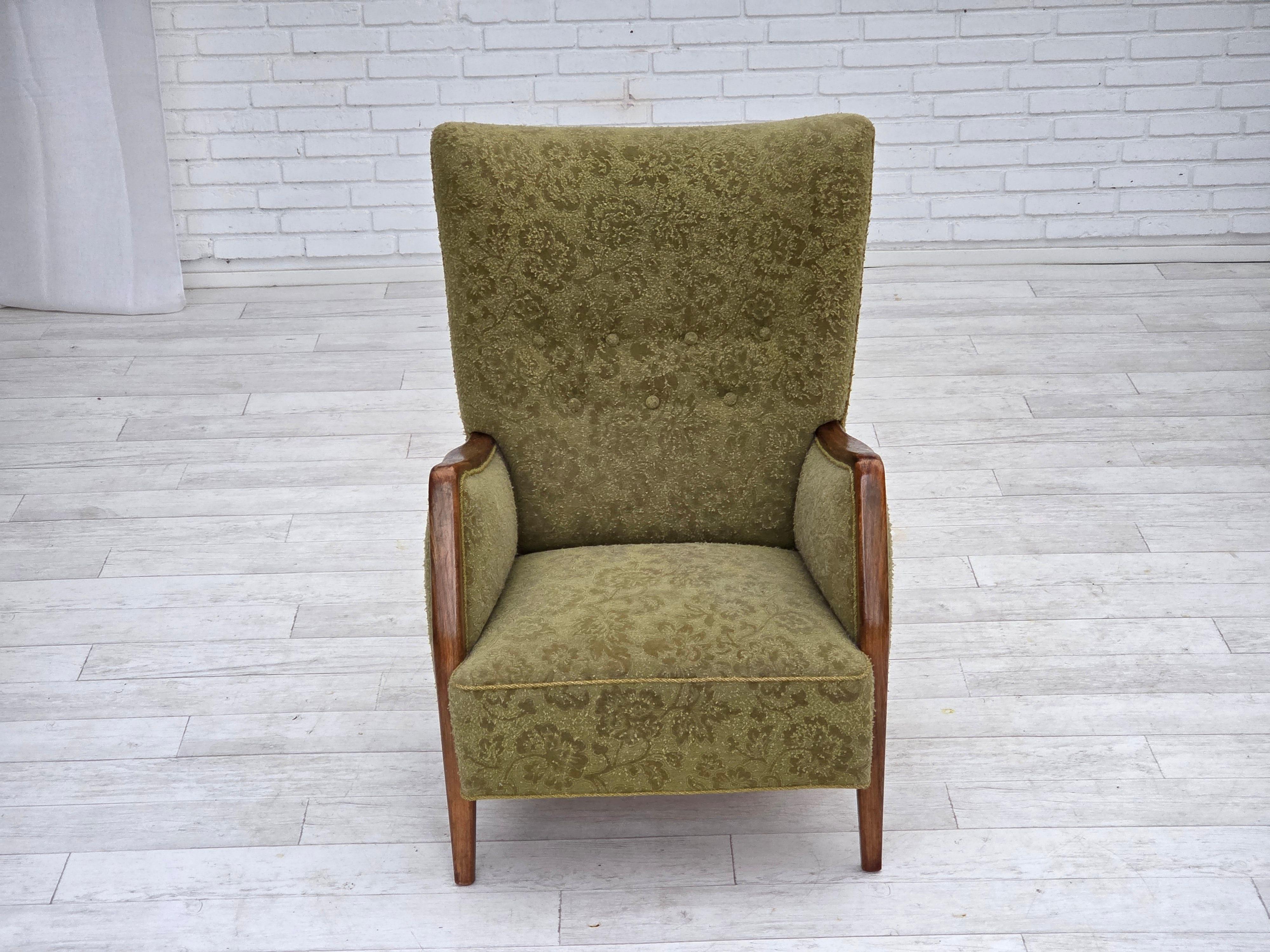 1960s, Danish armchair, original green furniture velour, ash wood. In Good Condition For Sale In Tarm, 82