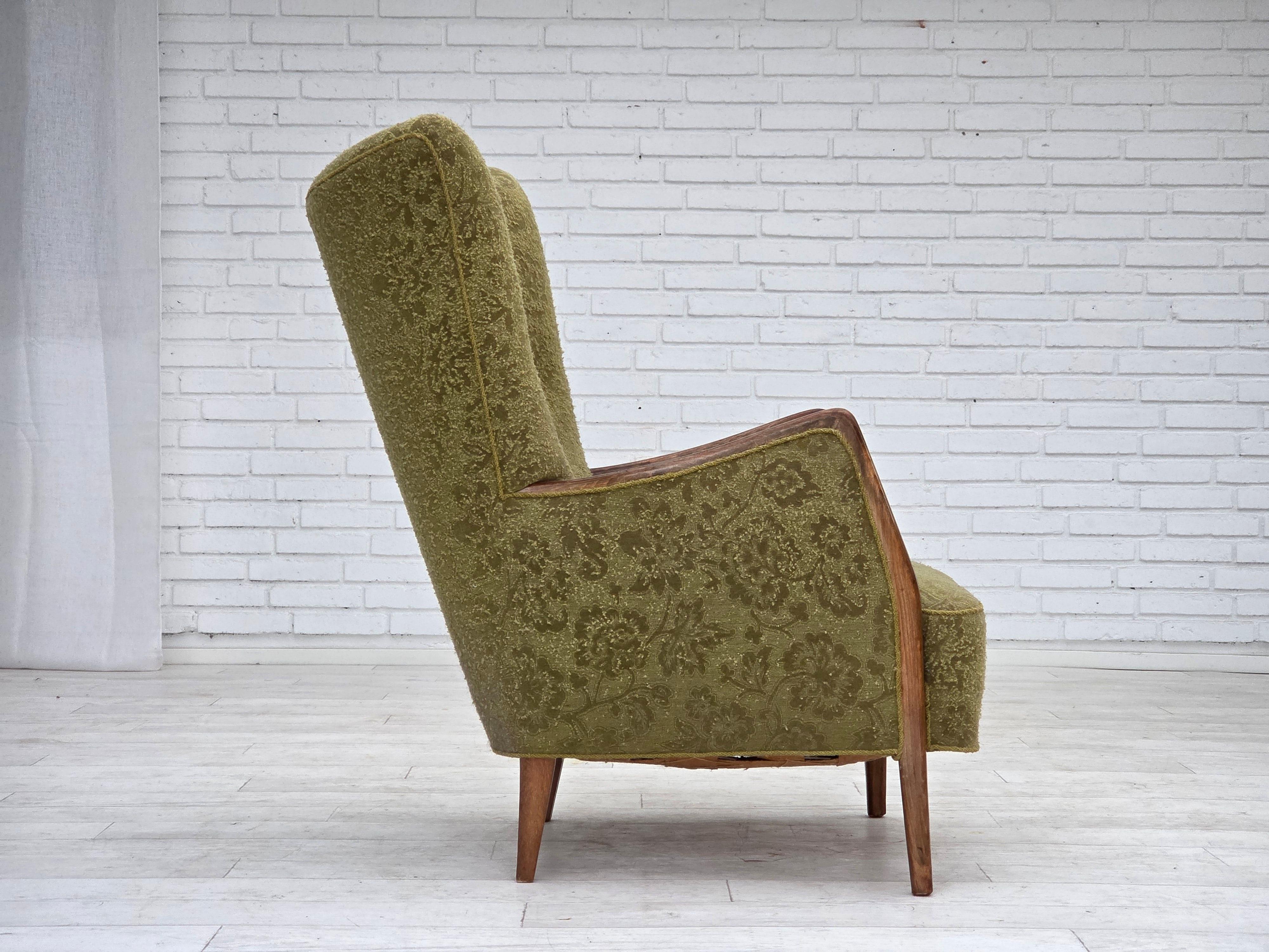 Mid-20th Century 1960s, Danish armchair, original green furniture velour, ash wood. For Sale