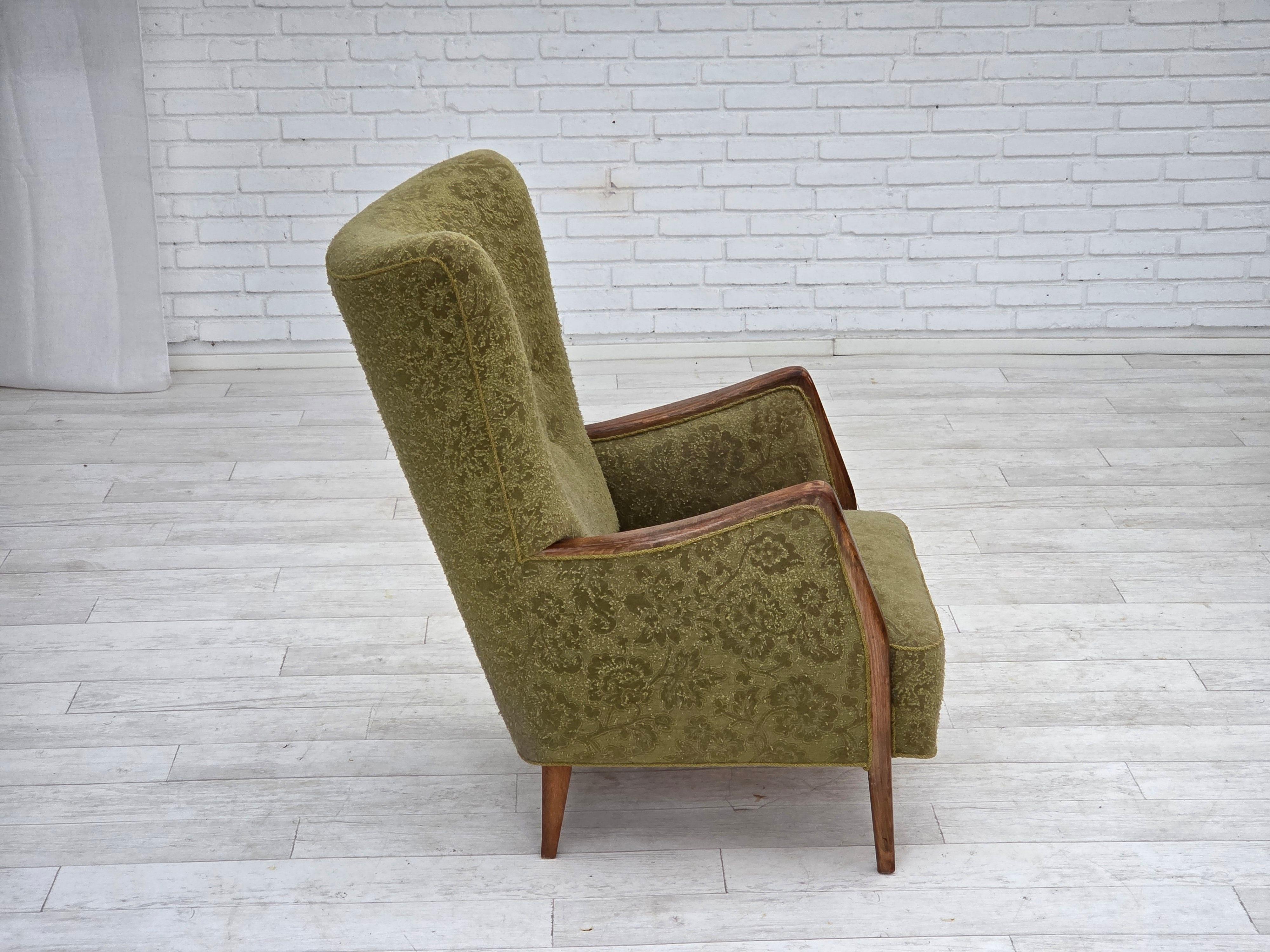 Velvet 1960s, Danish armchair, original green furniture velour, ash wood. For Sale