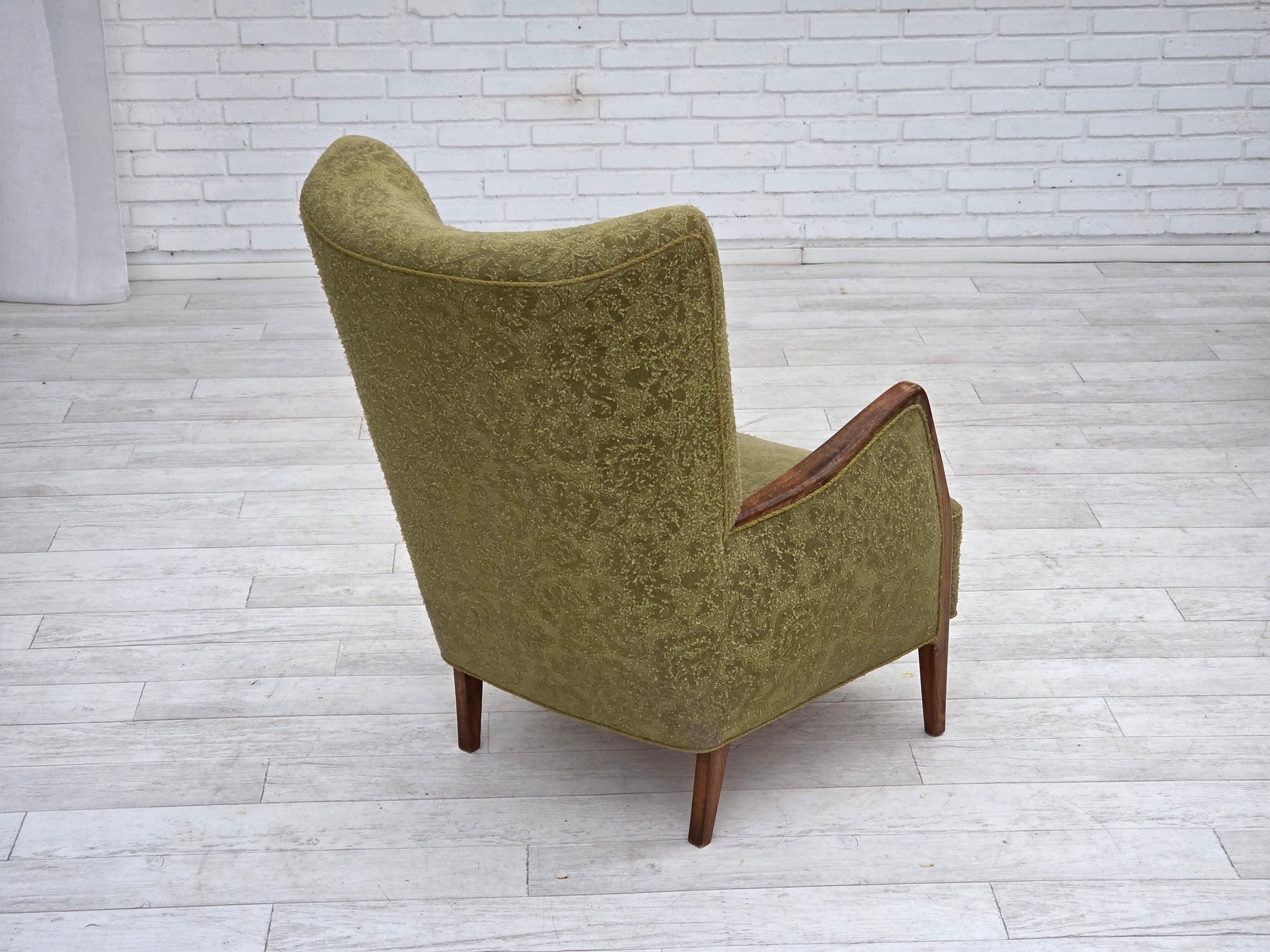 1960s, Danish armchair, original green furniture velour, ash wood. For Sale 1