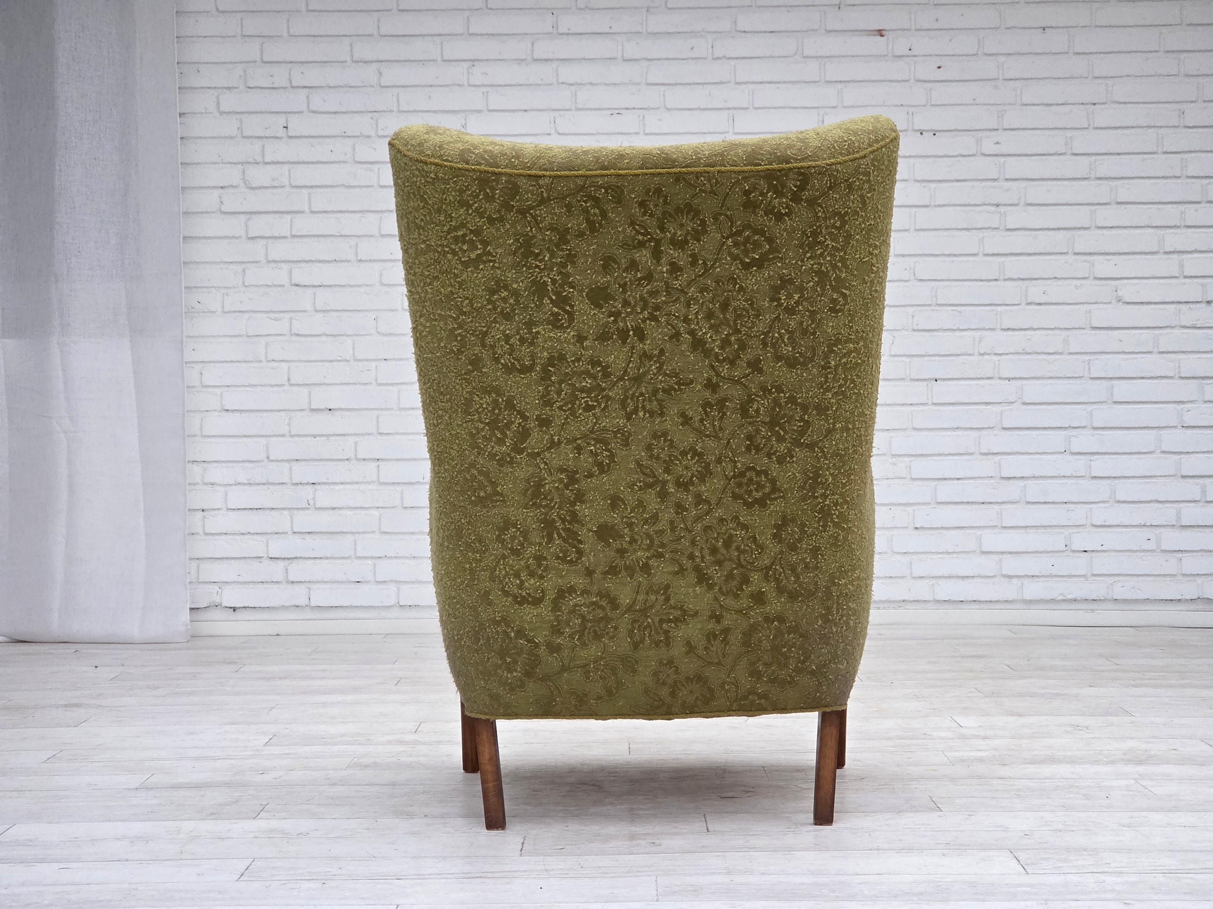 1960s, Danish armchair, original green furniture velour, ash wood. For Sale 2