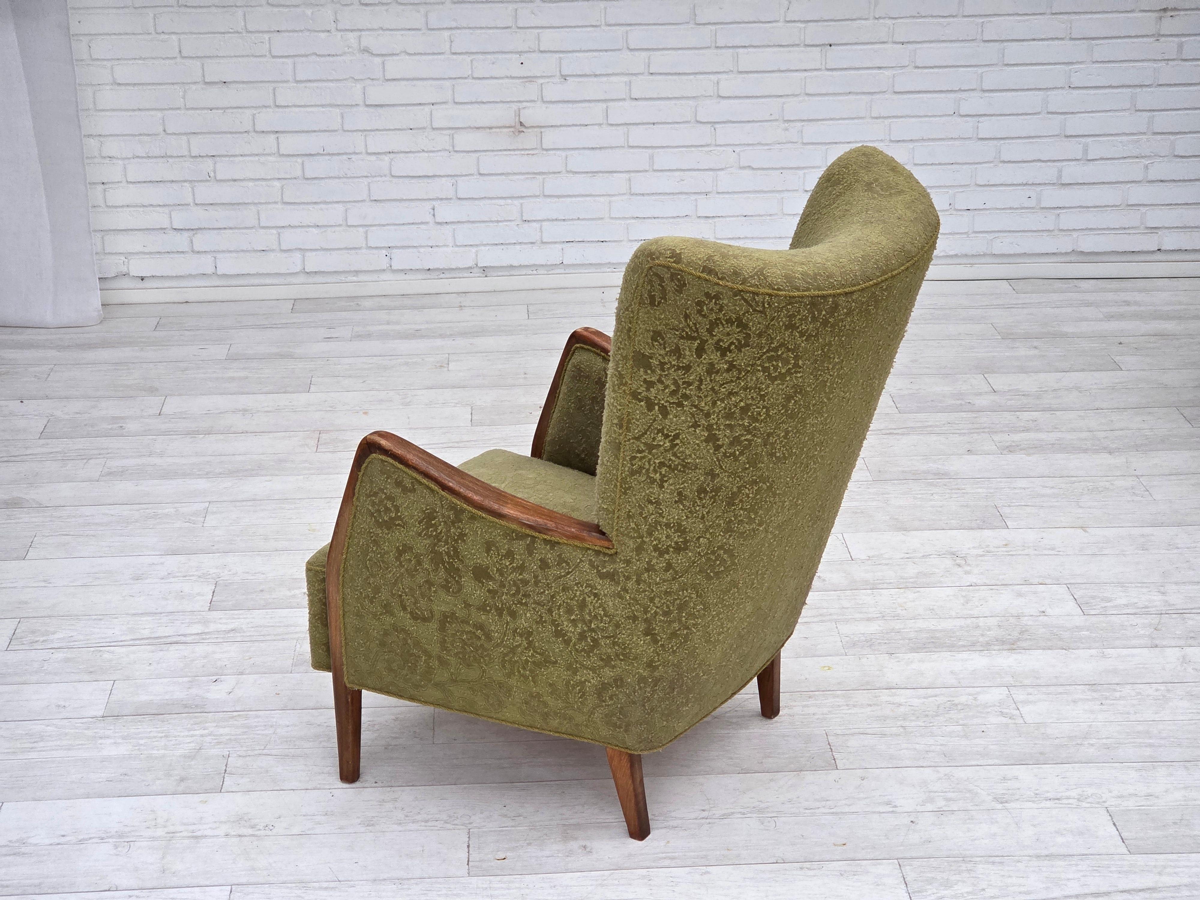 1960s, Danish armchair, original green furniture velour, ash wood. For Sale 3