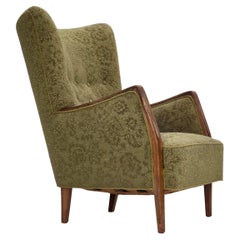 1960s, Danish armchair, original green furniture velour, ash wood.