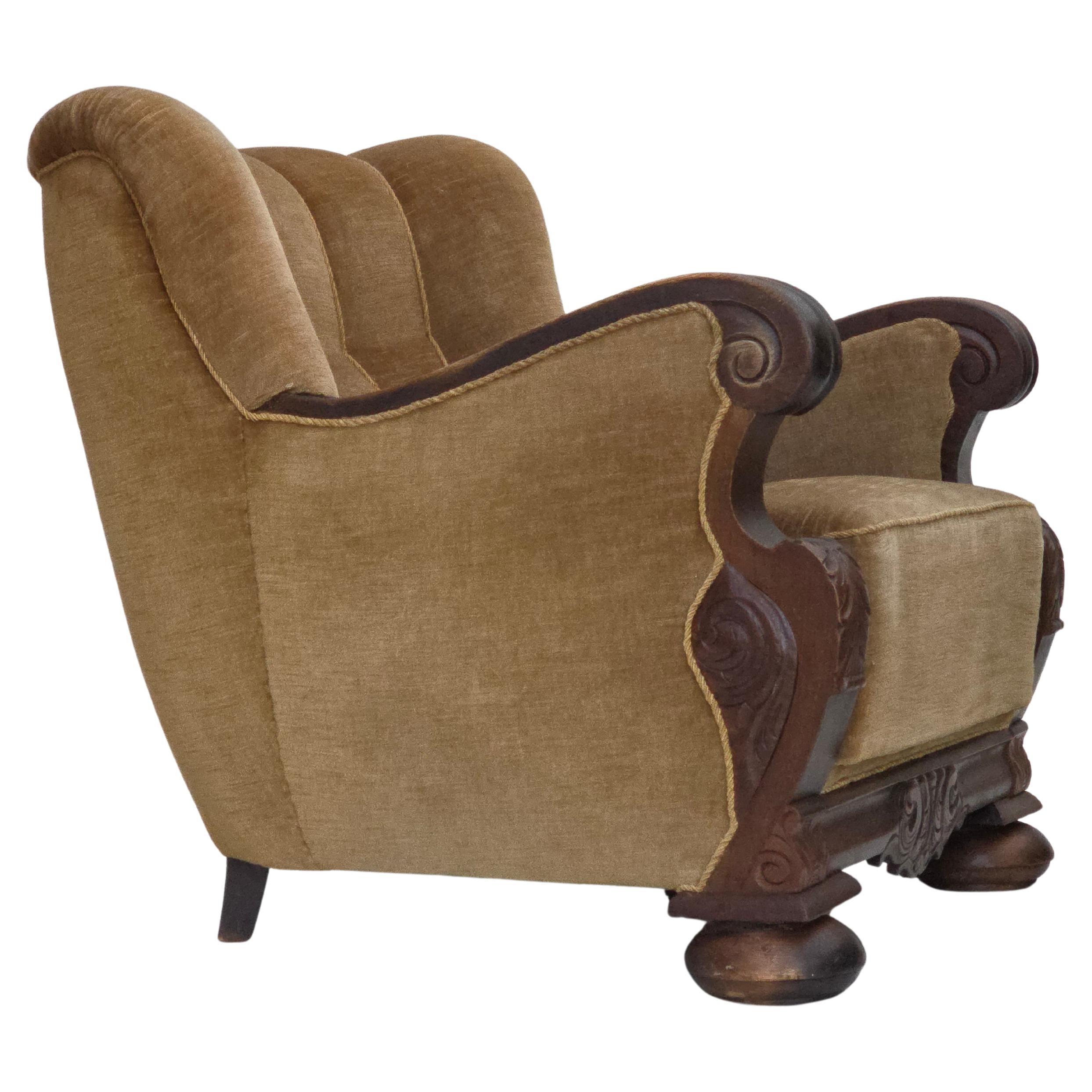 1960s, Danish armchair, original green furniture velour, carved oak wood.