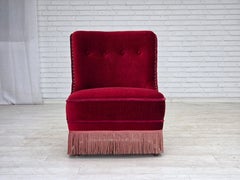 1960s, Danish armchair, original red furniture velour, beech wood legs.