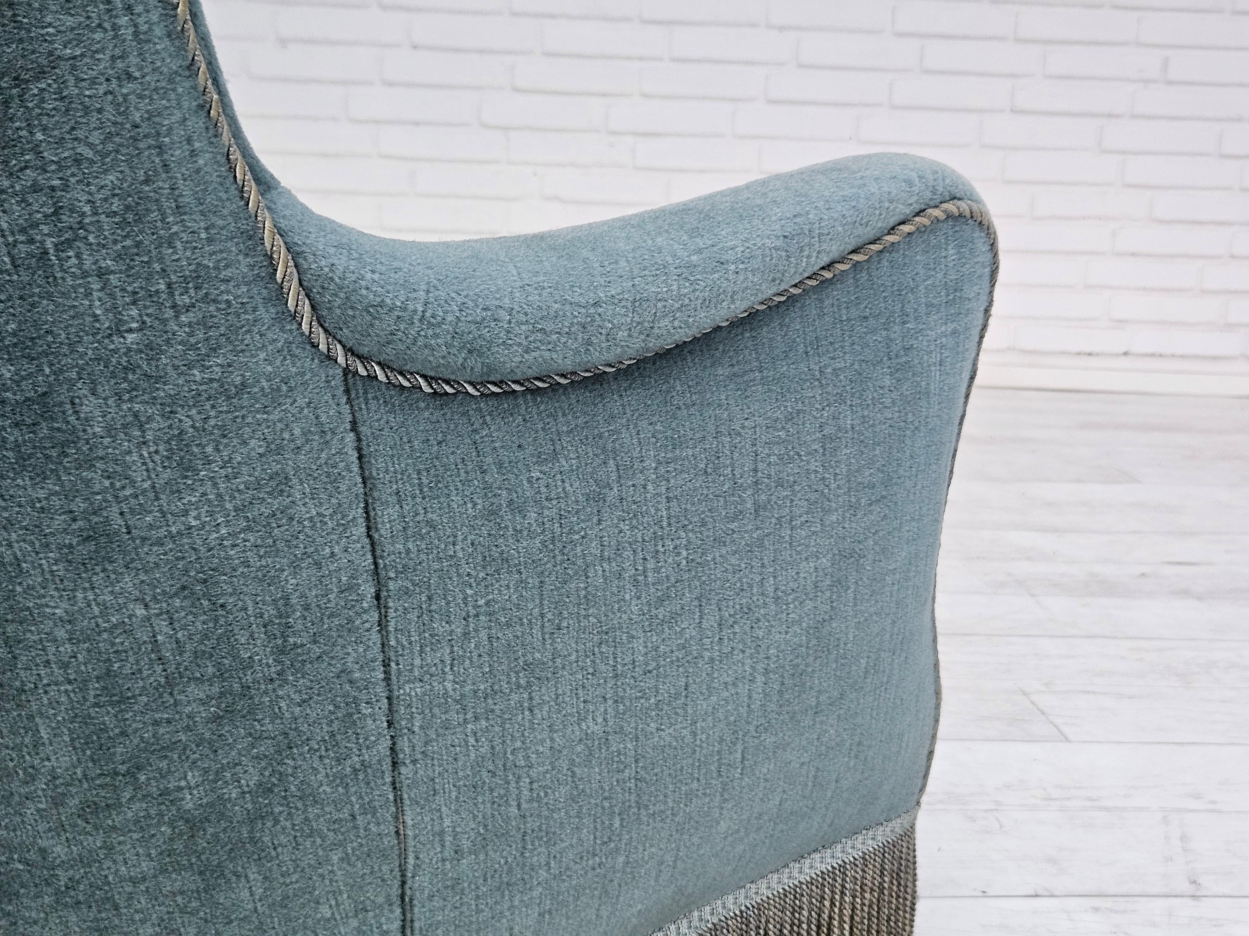 1960s, Danish armchair, original upholstery, light blue velour, good condition. For Sale 4