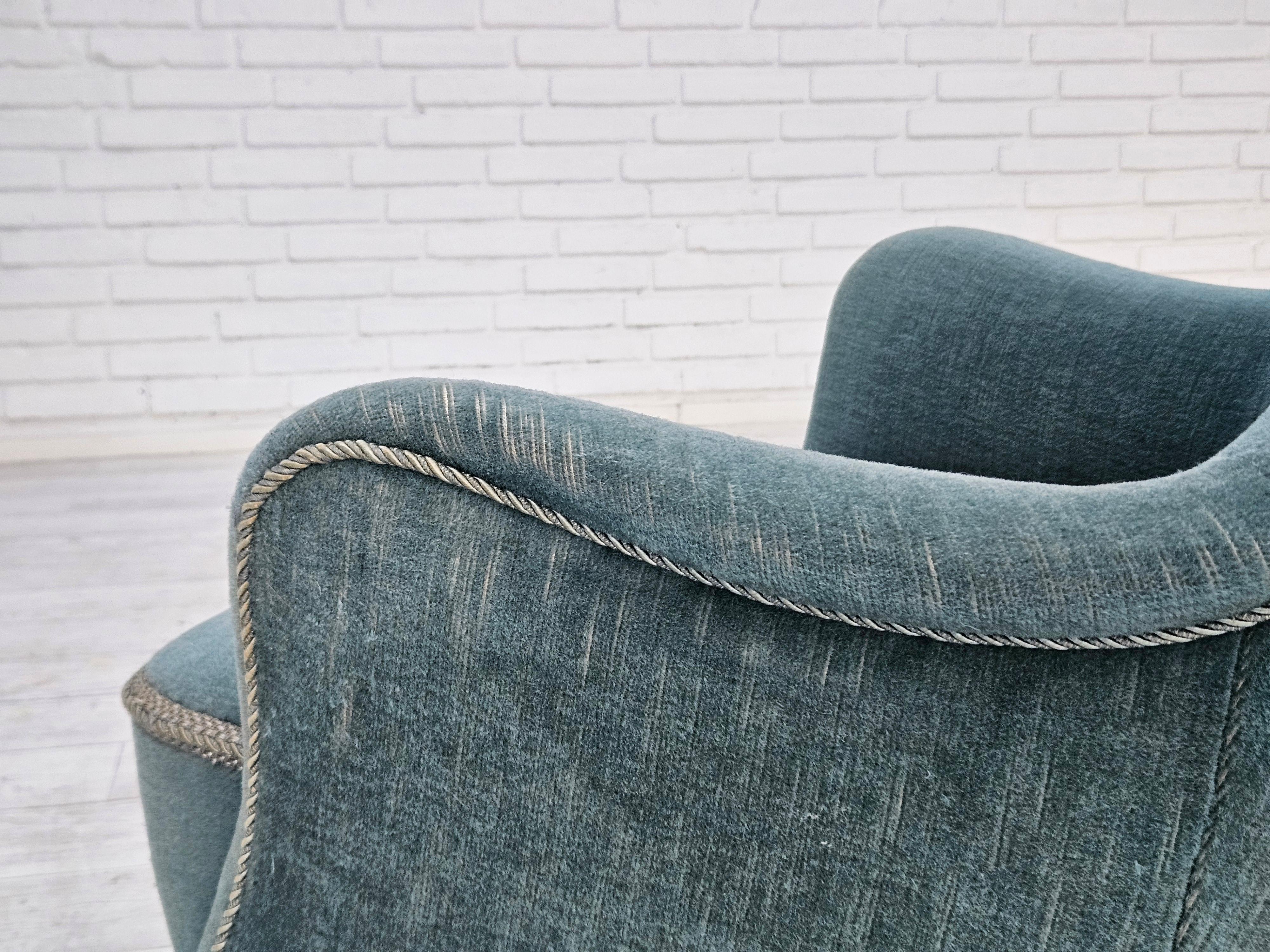 1960s, Danish armchair, original upholstery, light blue velour, good condition. For Sale 5
