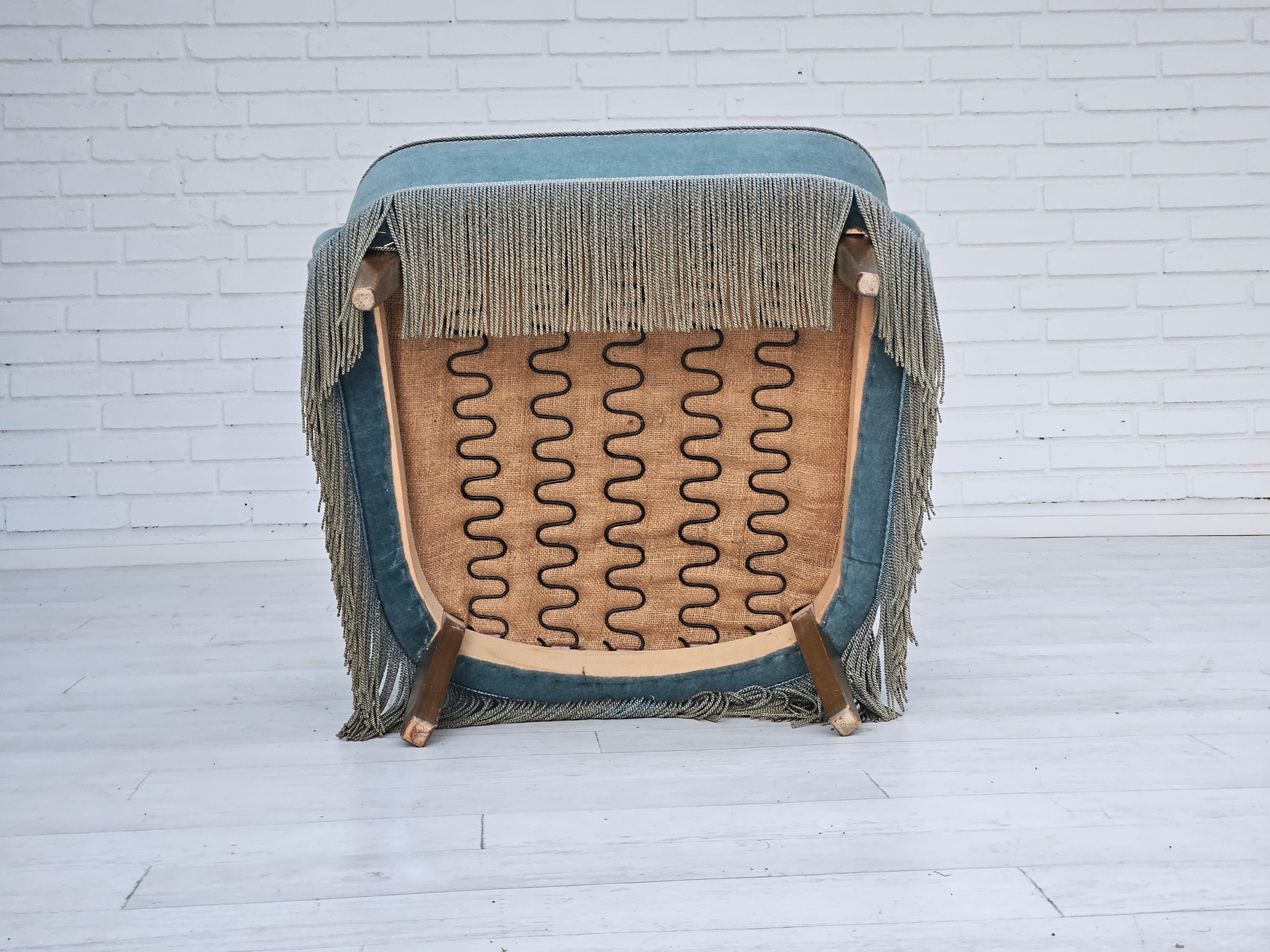 1960s, Danish armchair, original upholstery, light blue velour, good condition. For Sale 6