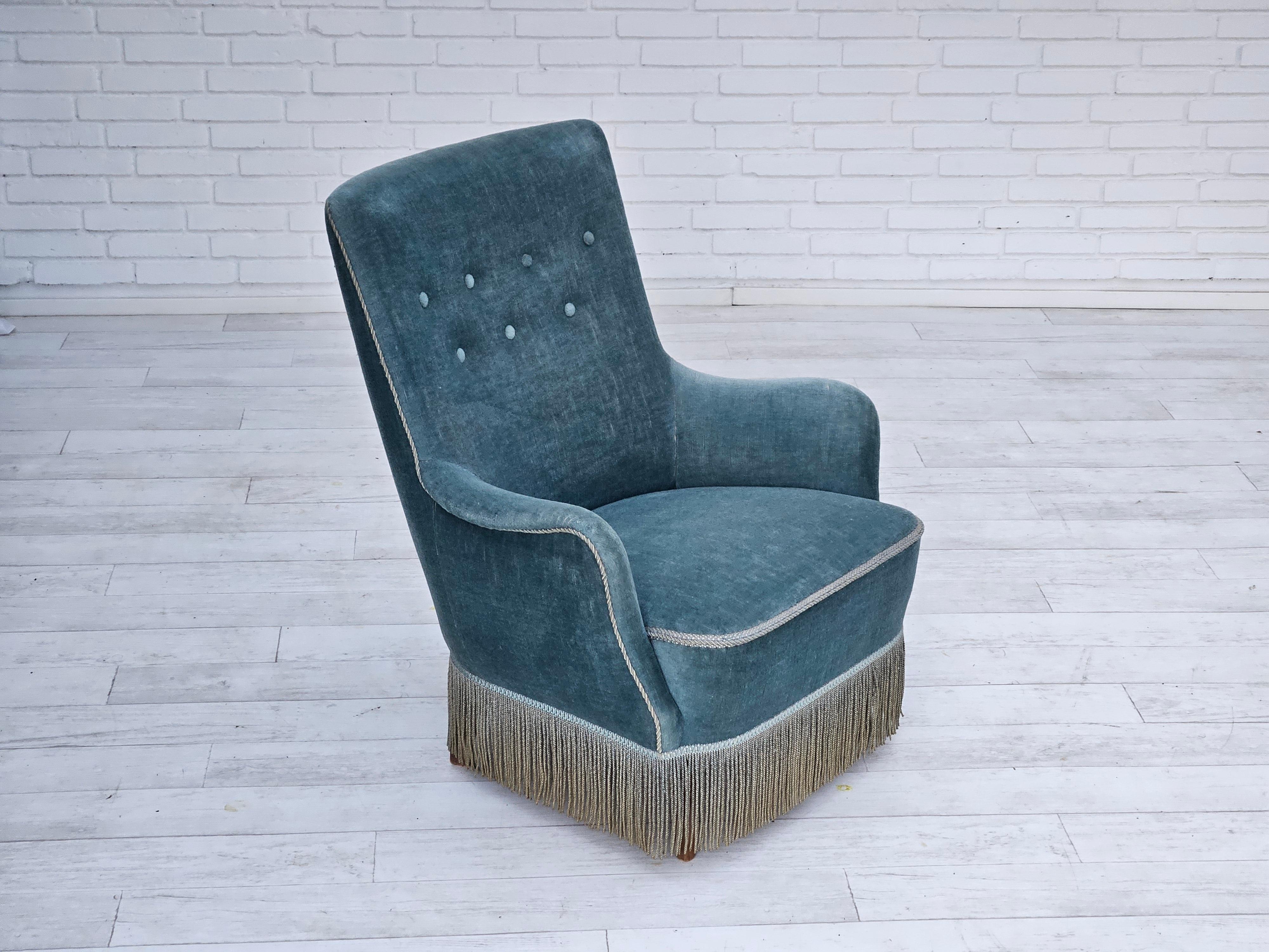 1960s, Danish armchair, original upholstery, light blue velour, good condition. For Sale 8