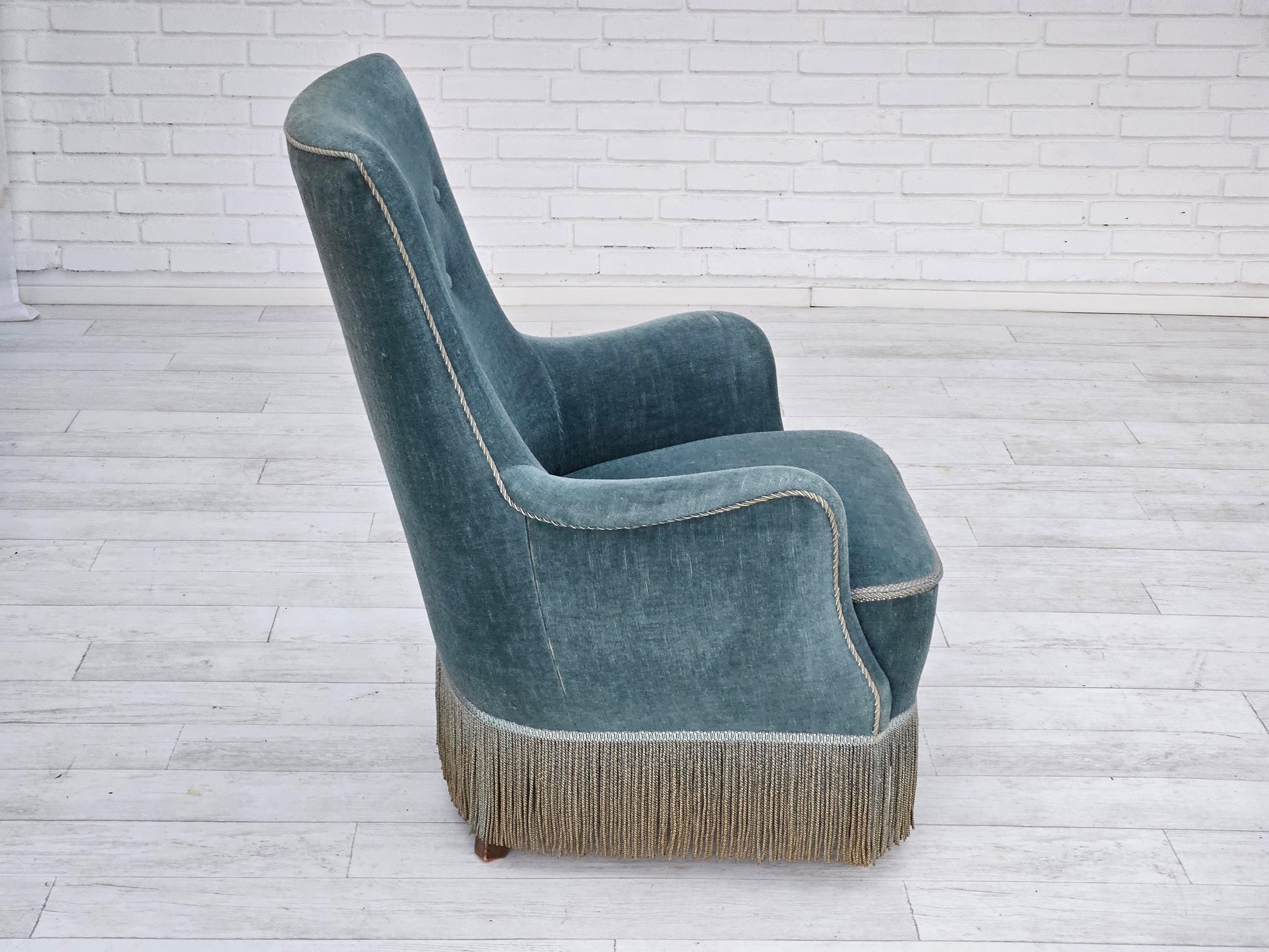 1960s, Danish armchair, original upholstery, light blue velour, good condition. 9