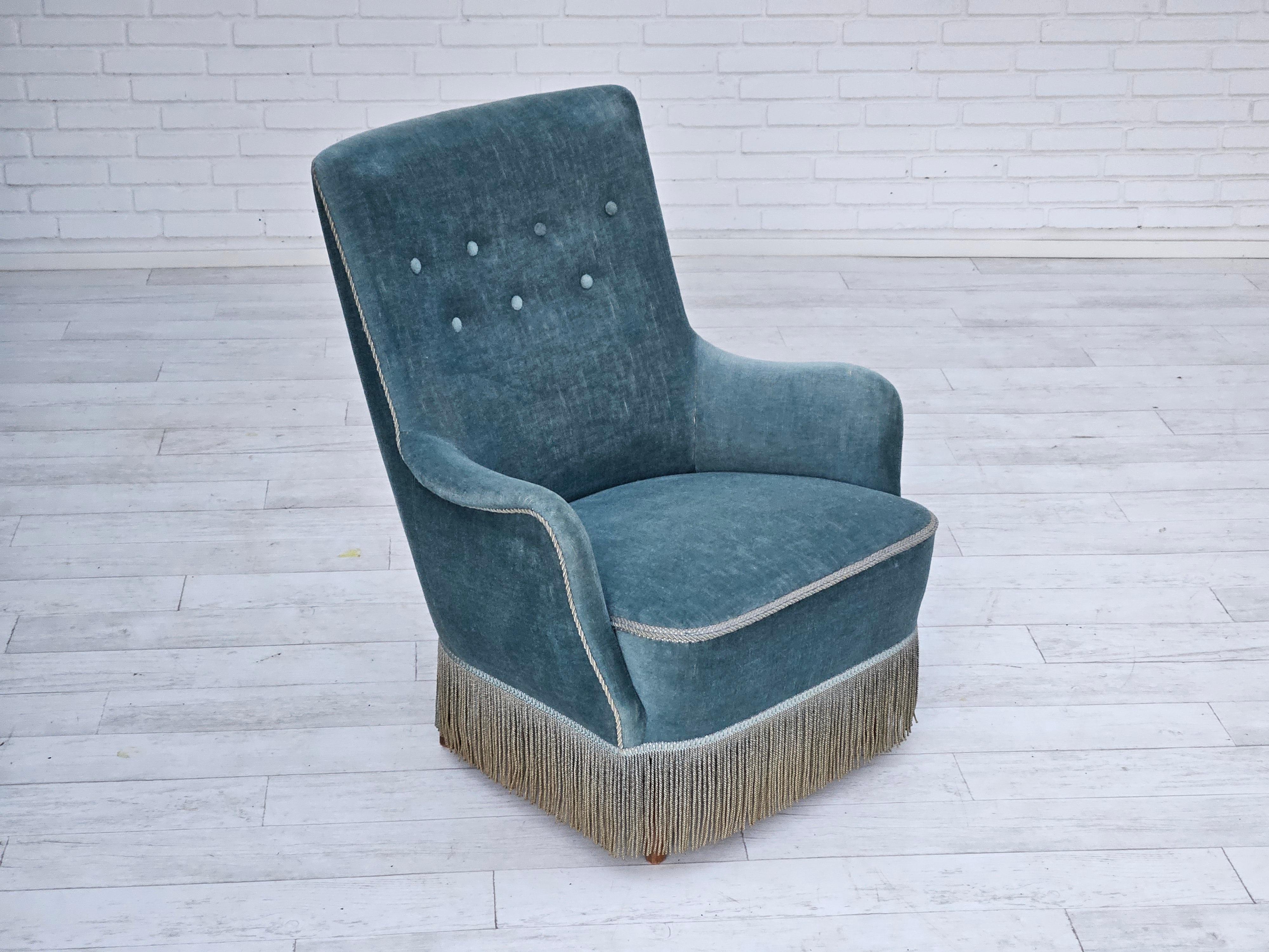 1960s, Danish armchair, original upholstery, light blue velour, good condition. For Sale 10