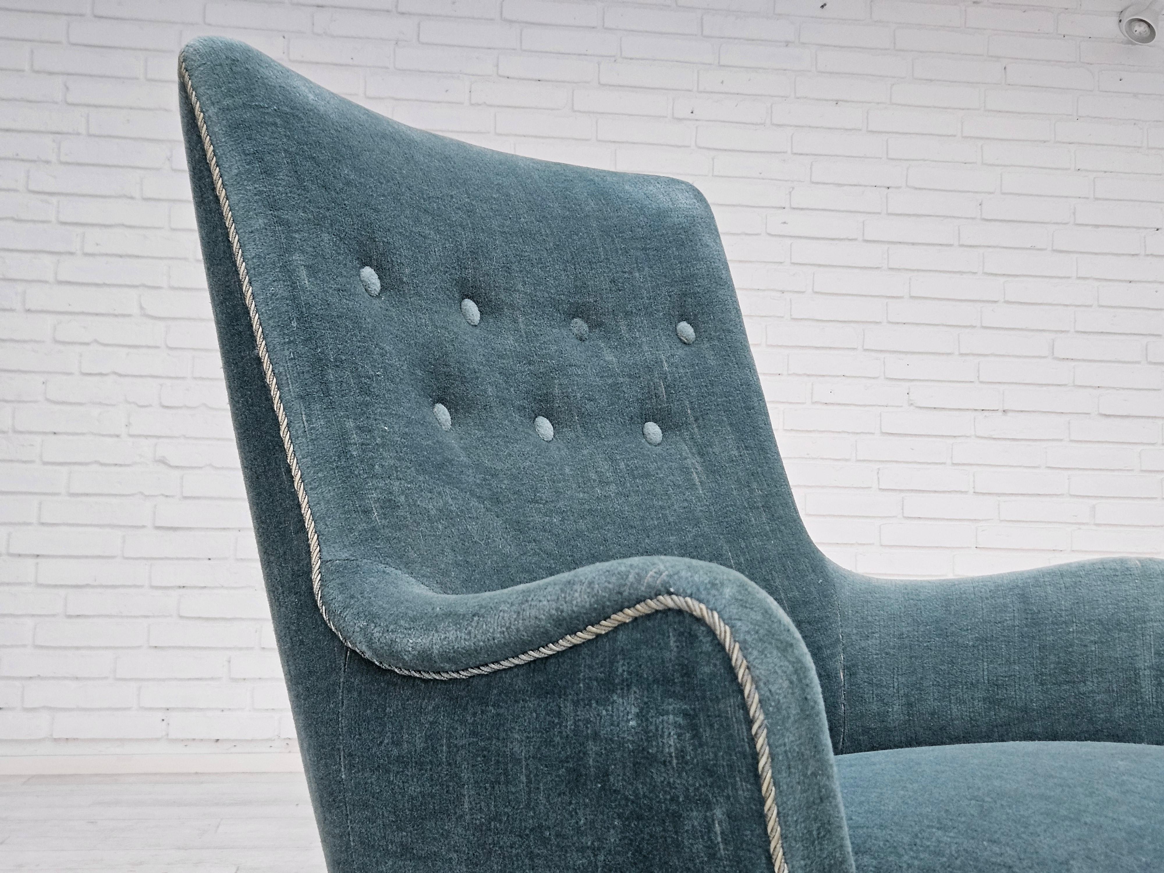 1960s, Danish armchair, original upholstery, light blue velour, good condition. For Sale 11