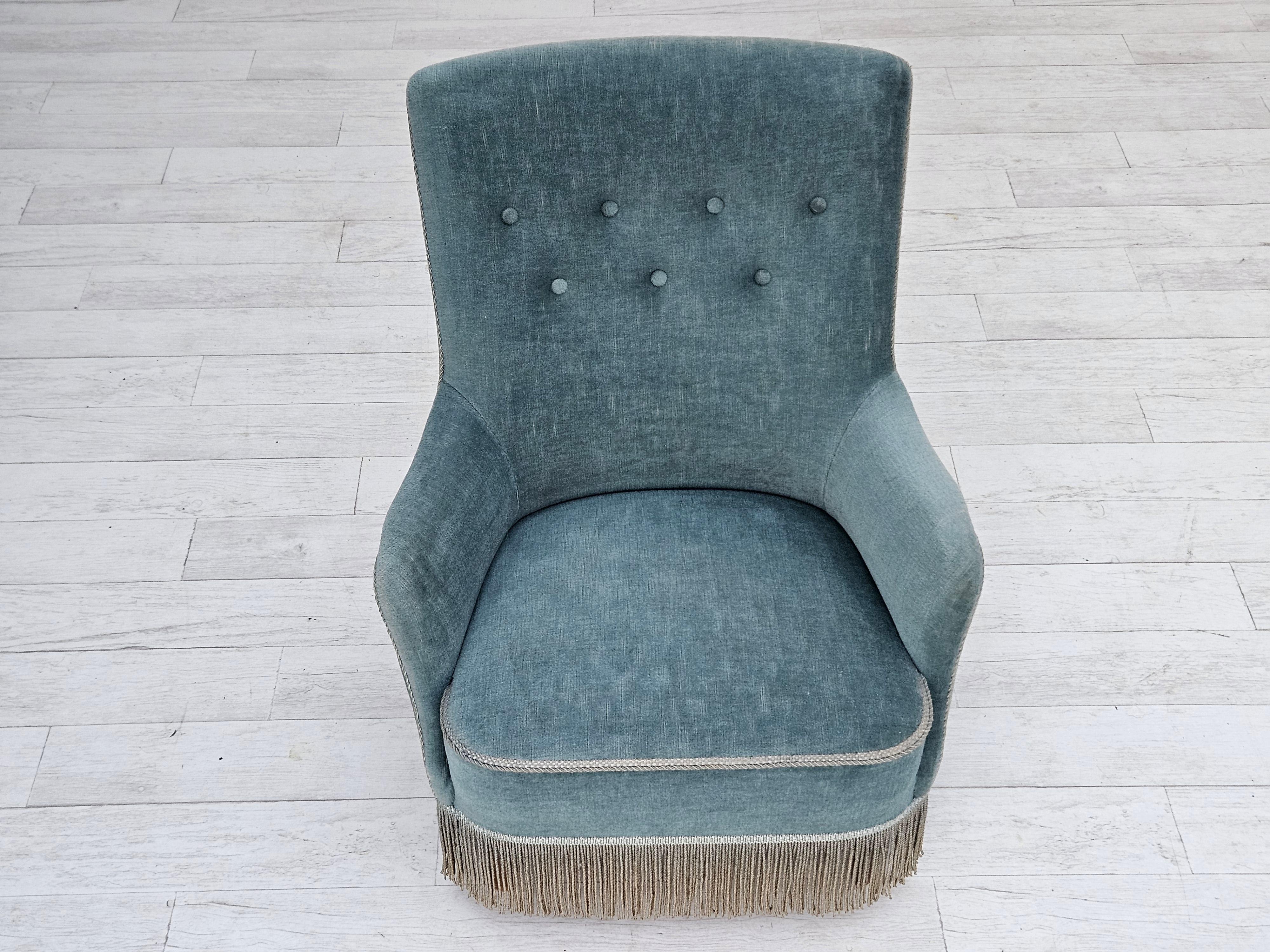 Scandinavian Modern 1960s, Danish armchair, original upholstery, light blue velour, good condition. For Sale