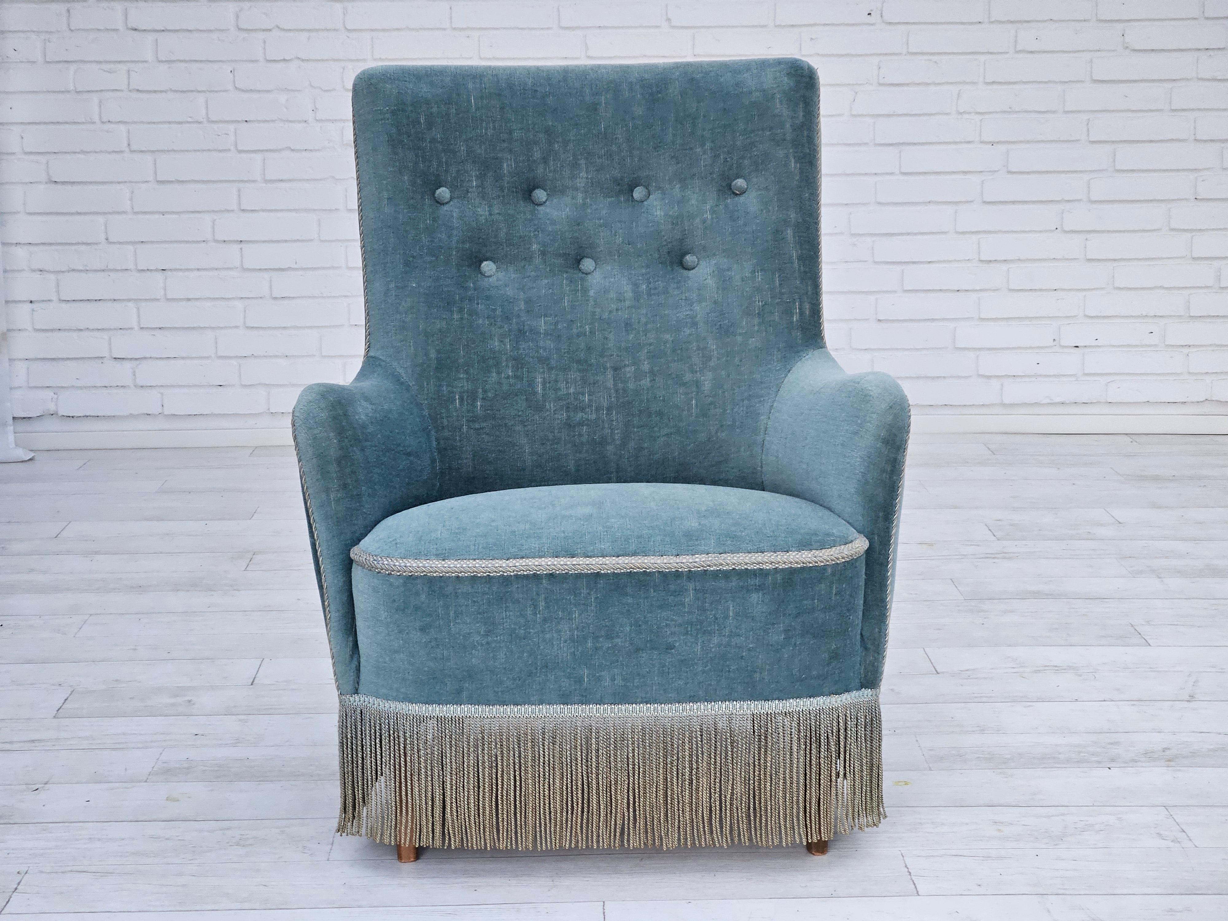 1960s, Danish armchair, original upholstery, light blue velour, good condition. In Good Condition For Sale In Tarm, 82