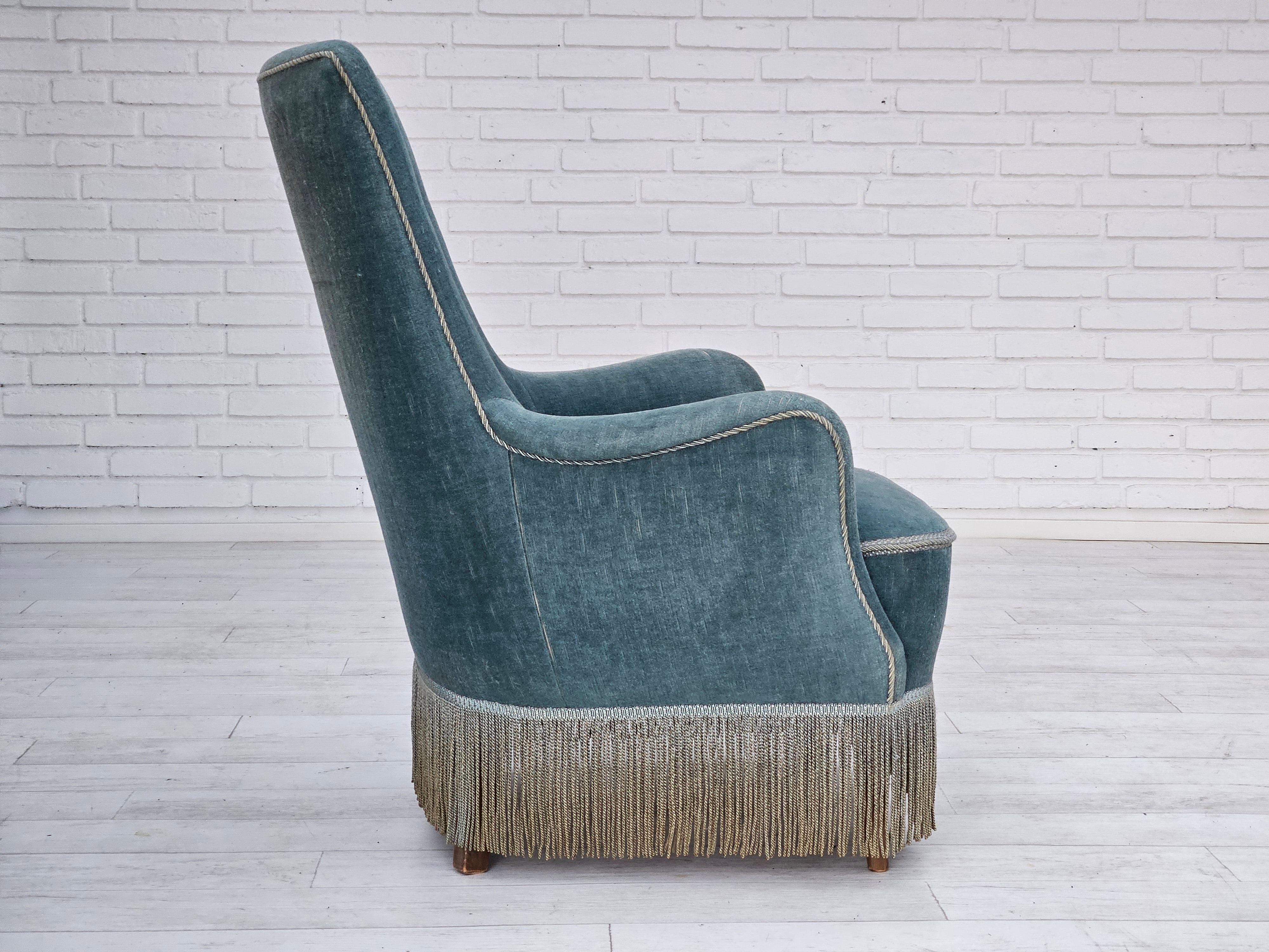 Mid-20th Century 1960s, Danish armchair, original upholstery, light blue velour, good condition. For Sale
