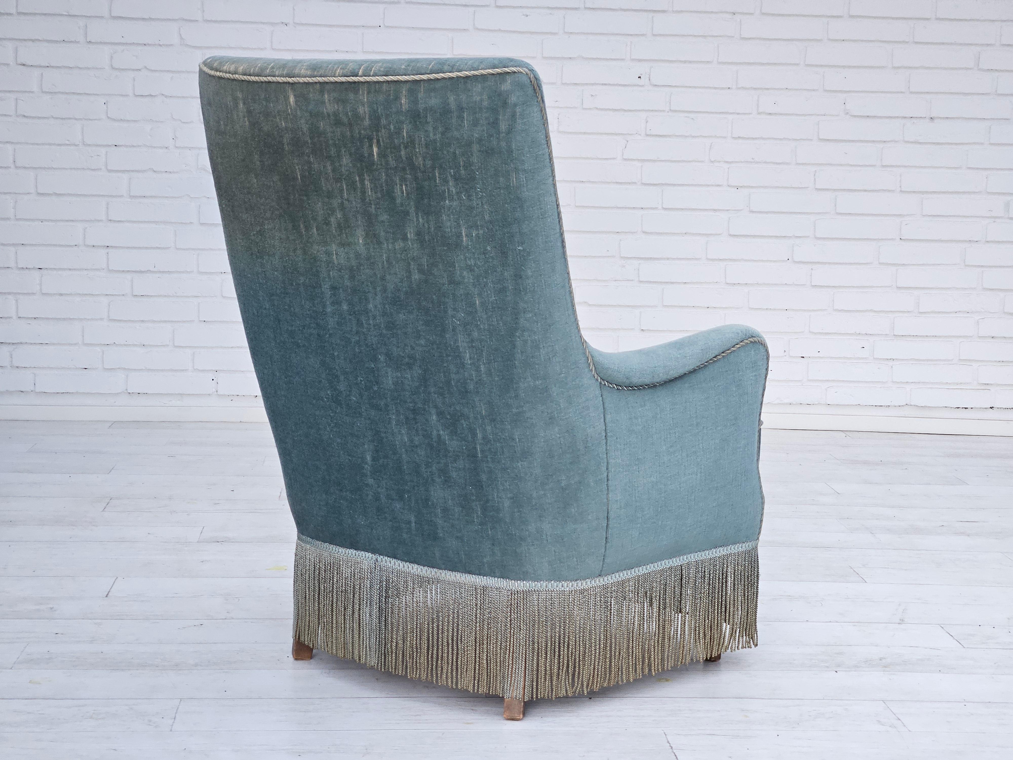 Velvet 1960s, Danish armchair, original upholstery, light blue velour, good condition. For Sale