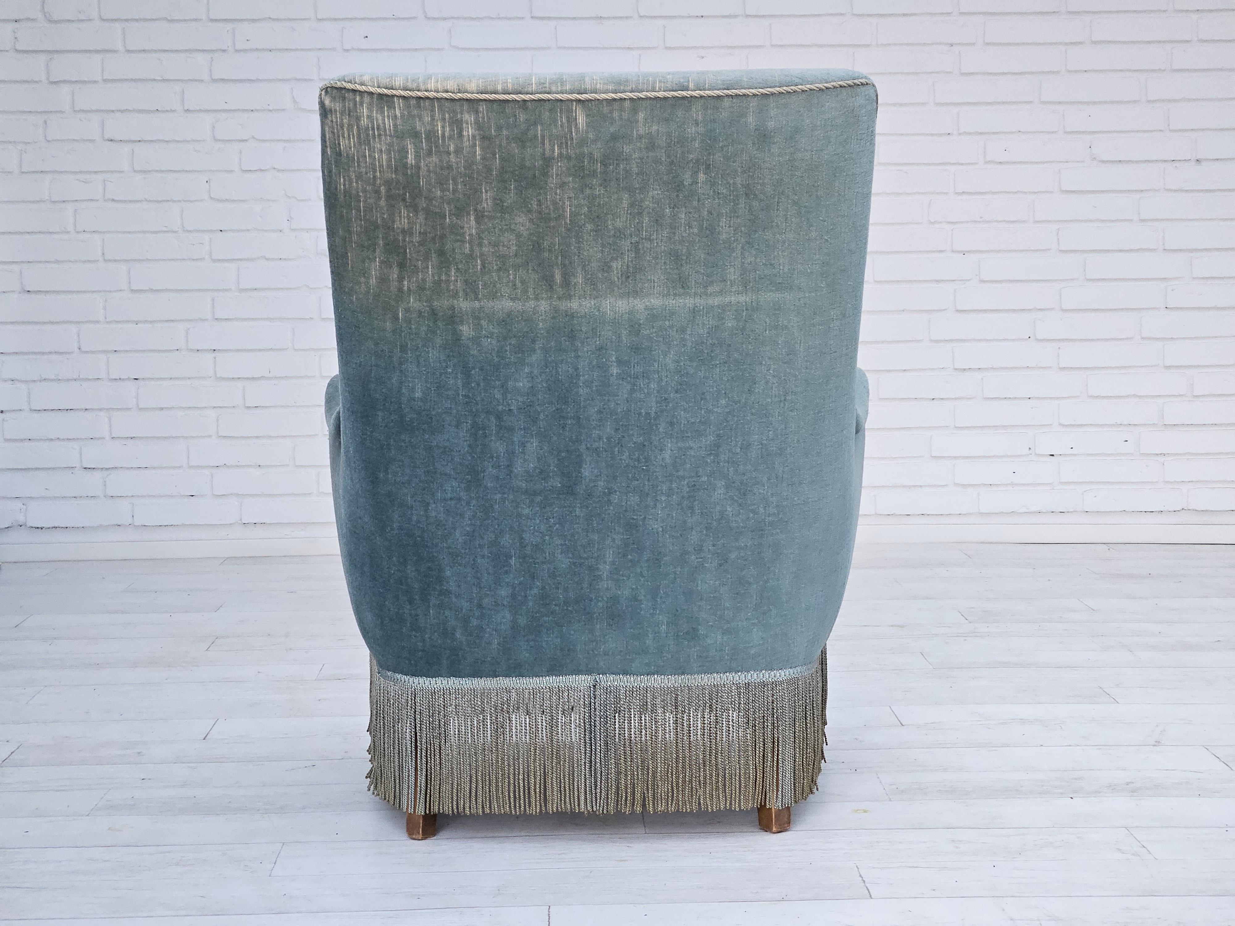1960s, Danish armchair, original upholstery, light blue velour, good condition. 1