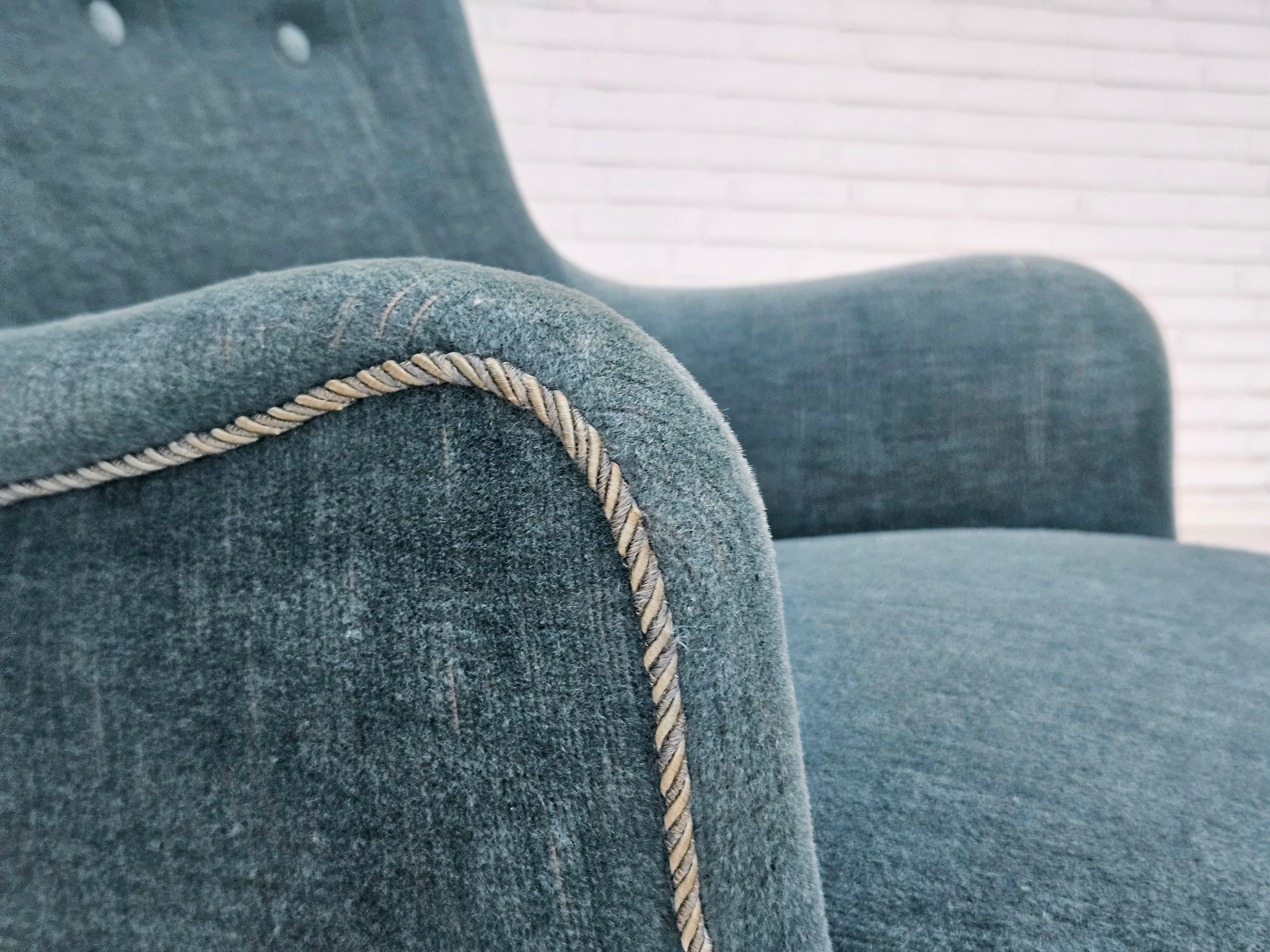 1960s, Danish armchair, original upholstery, light blue velour, good condition. For Sale 2