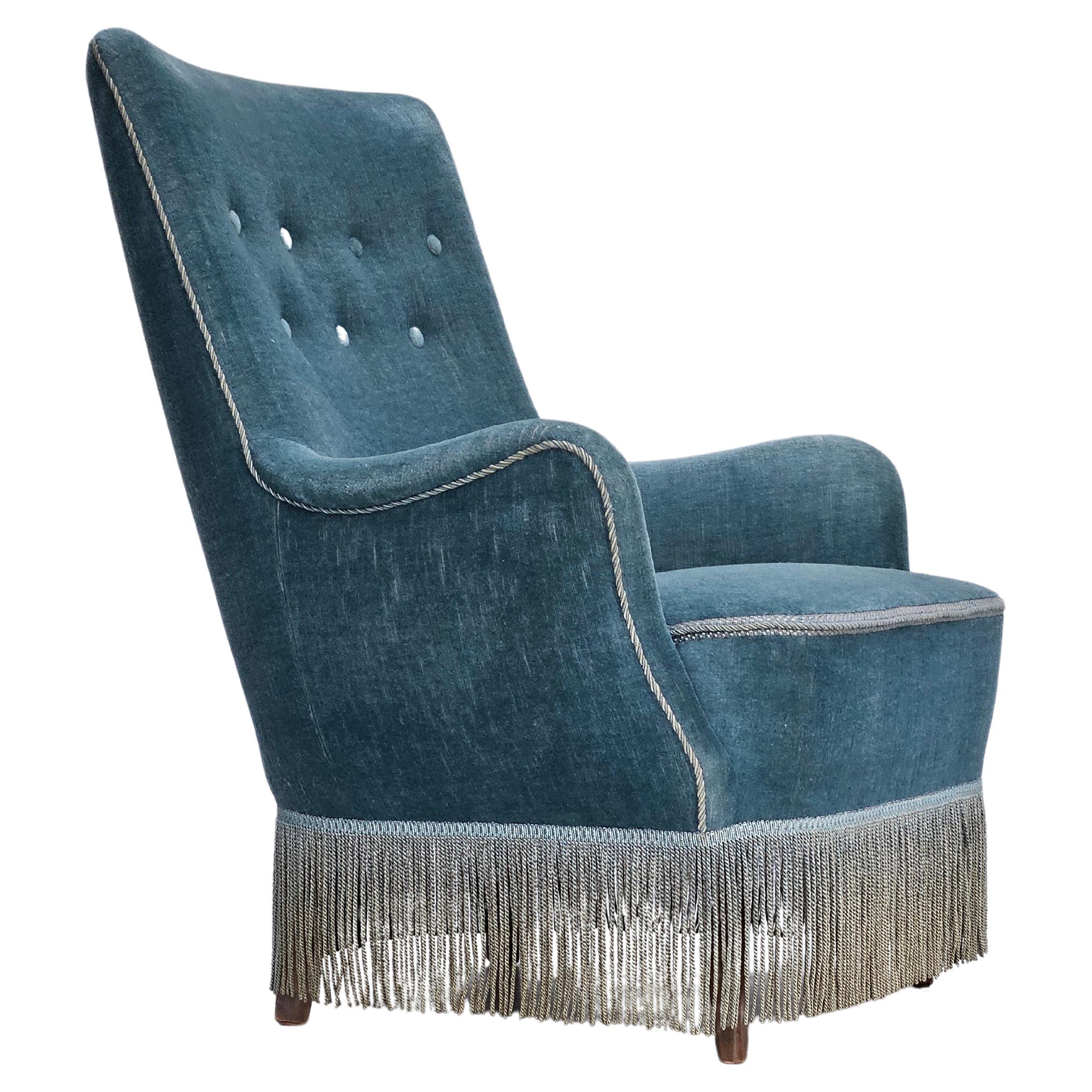 1960s, Danish armchair, original upholstery, light blue velour, good condition. For Sale
