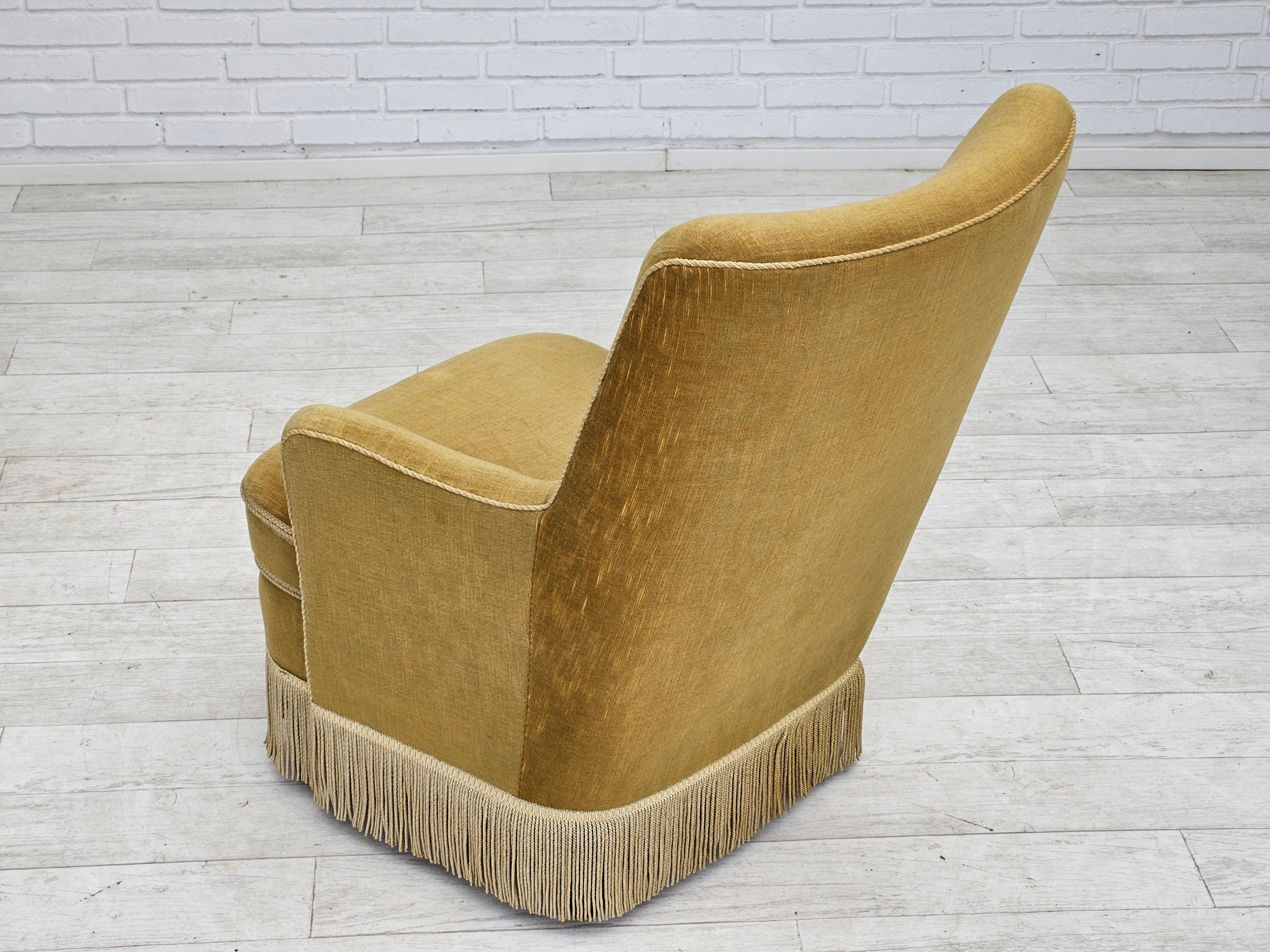 1960s, Danish armchair, original upholstery, light green velour. For Sale 5