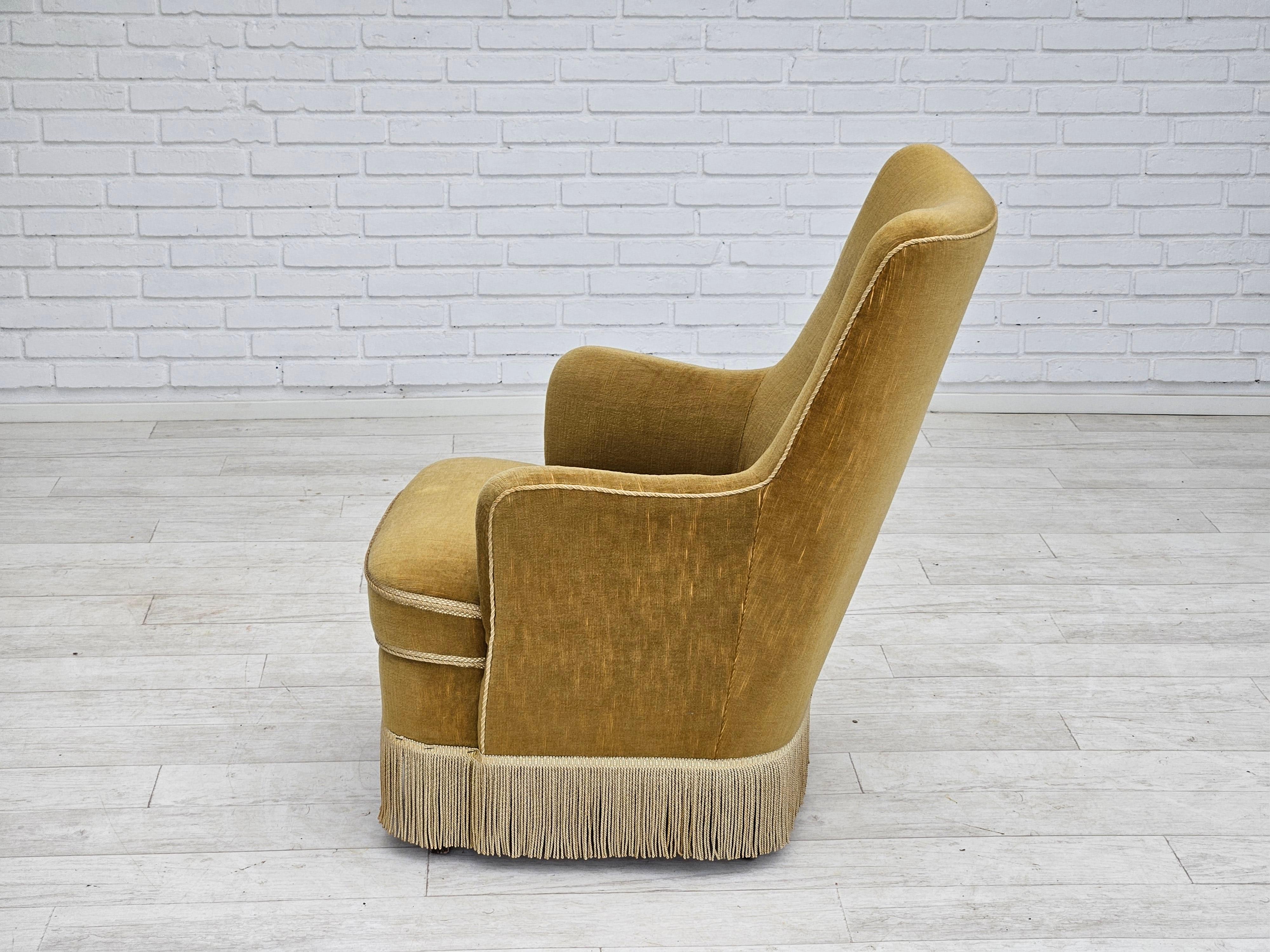1960s, Danish armchair, original upholstery, light green velour. For Sale 6