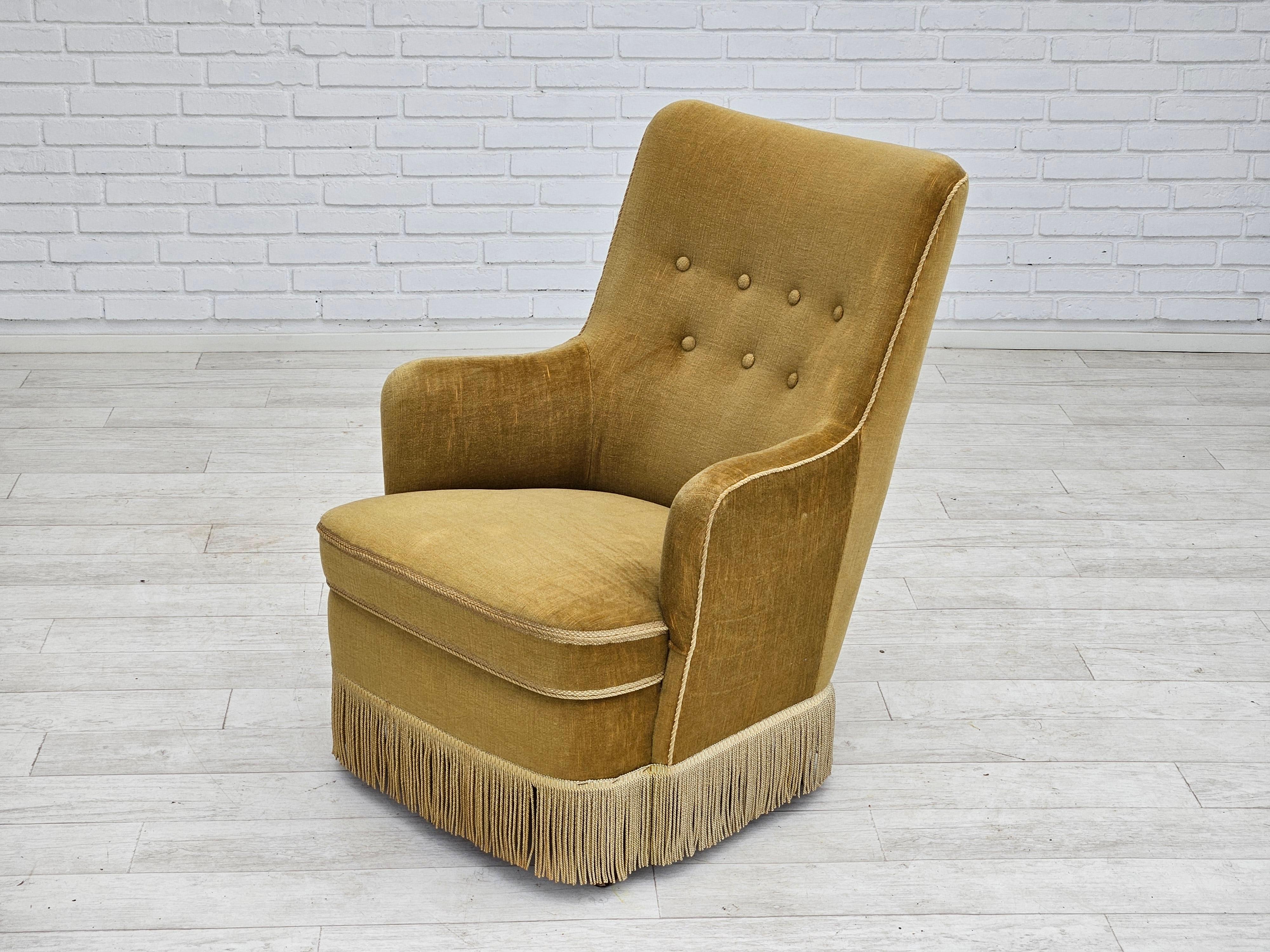 1960s, Danish armchair, original upholstery, light green velour. For Sale 7