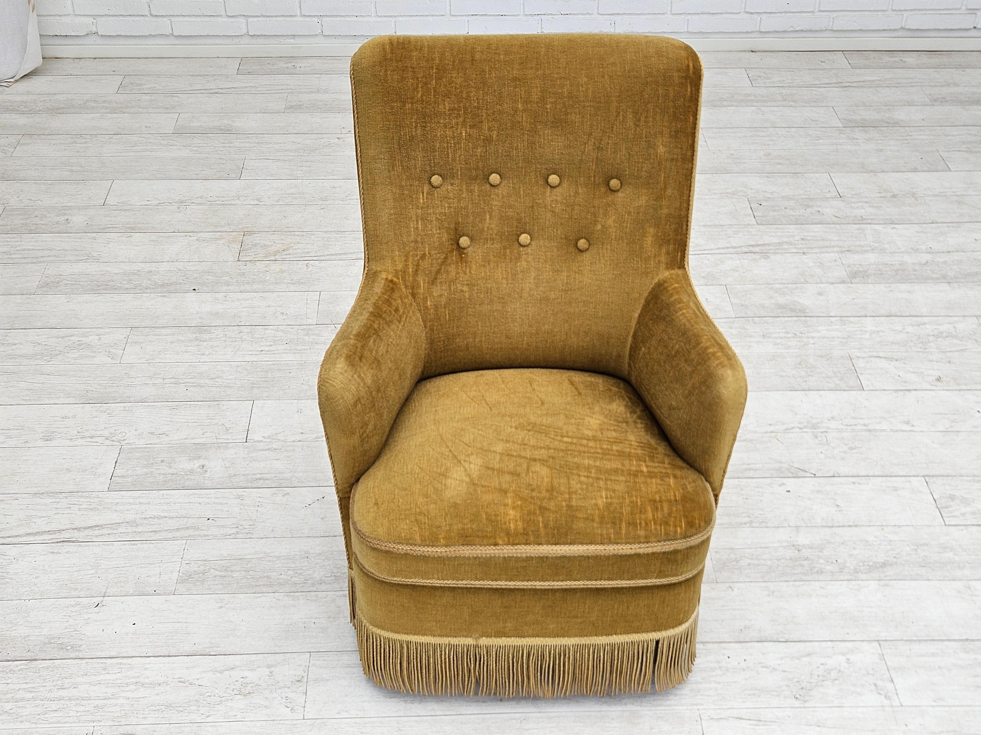 1960s, Danish armchair, original upholstery, light green velour. For Sale 8