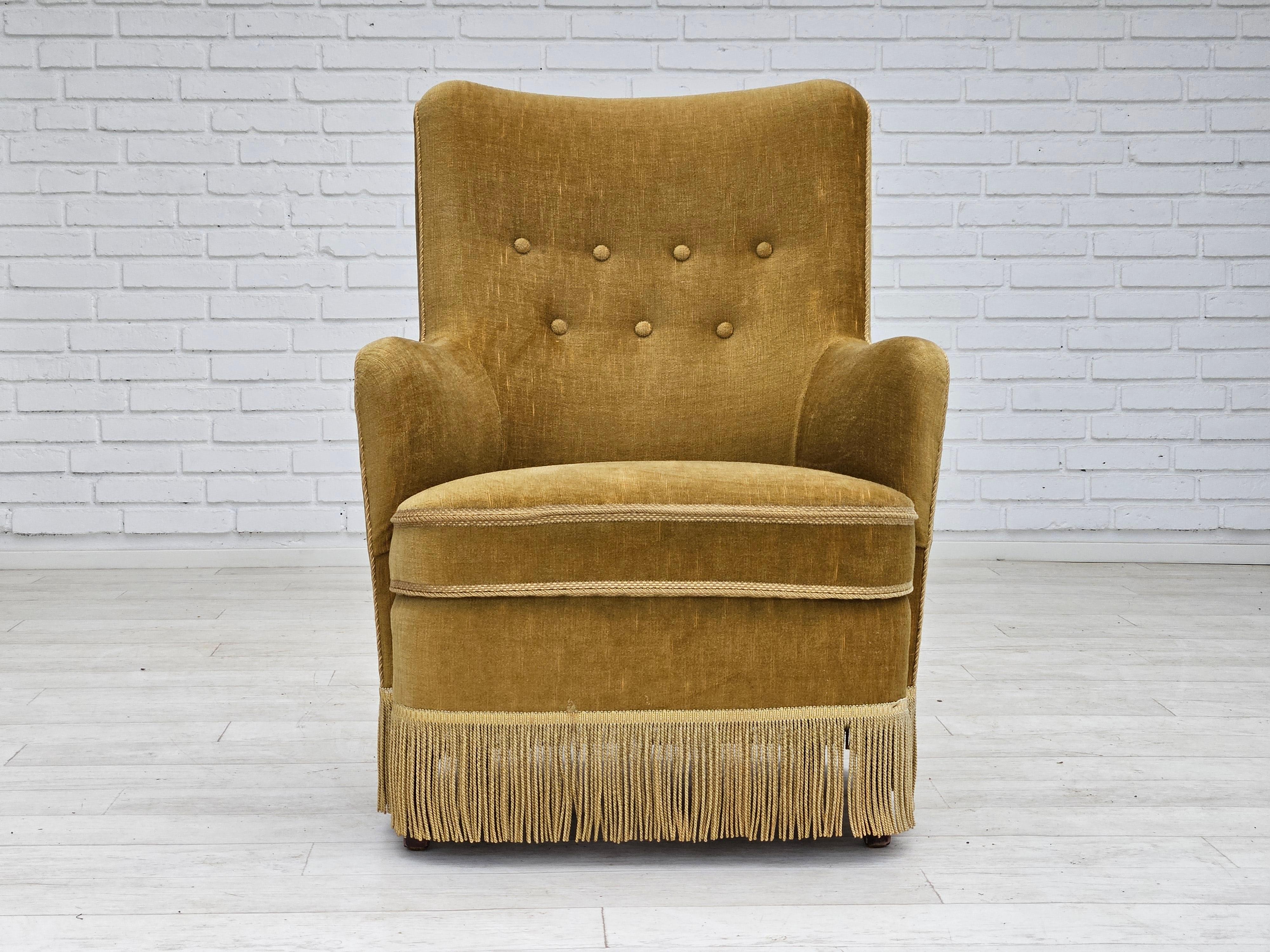 1960s, Danish armchair, original upholstery, light green velour. For Sale 9