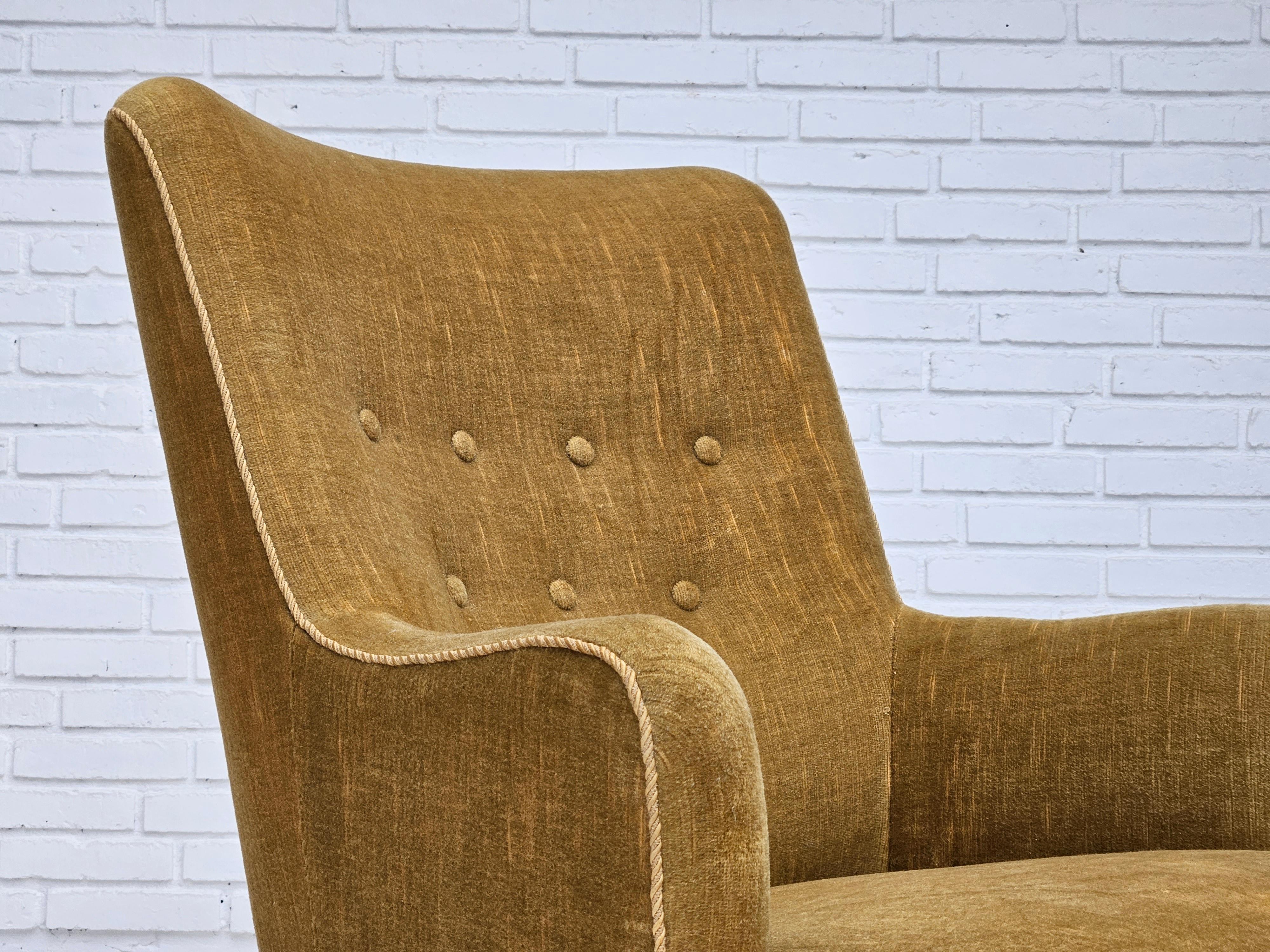 Scandinavian Modern 1960s, Danish armchair, original upholstery, light green velour. For Sale