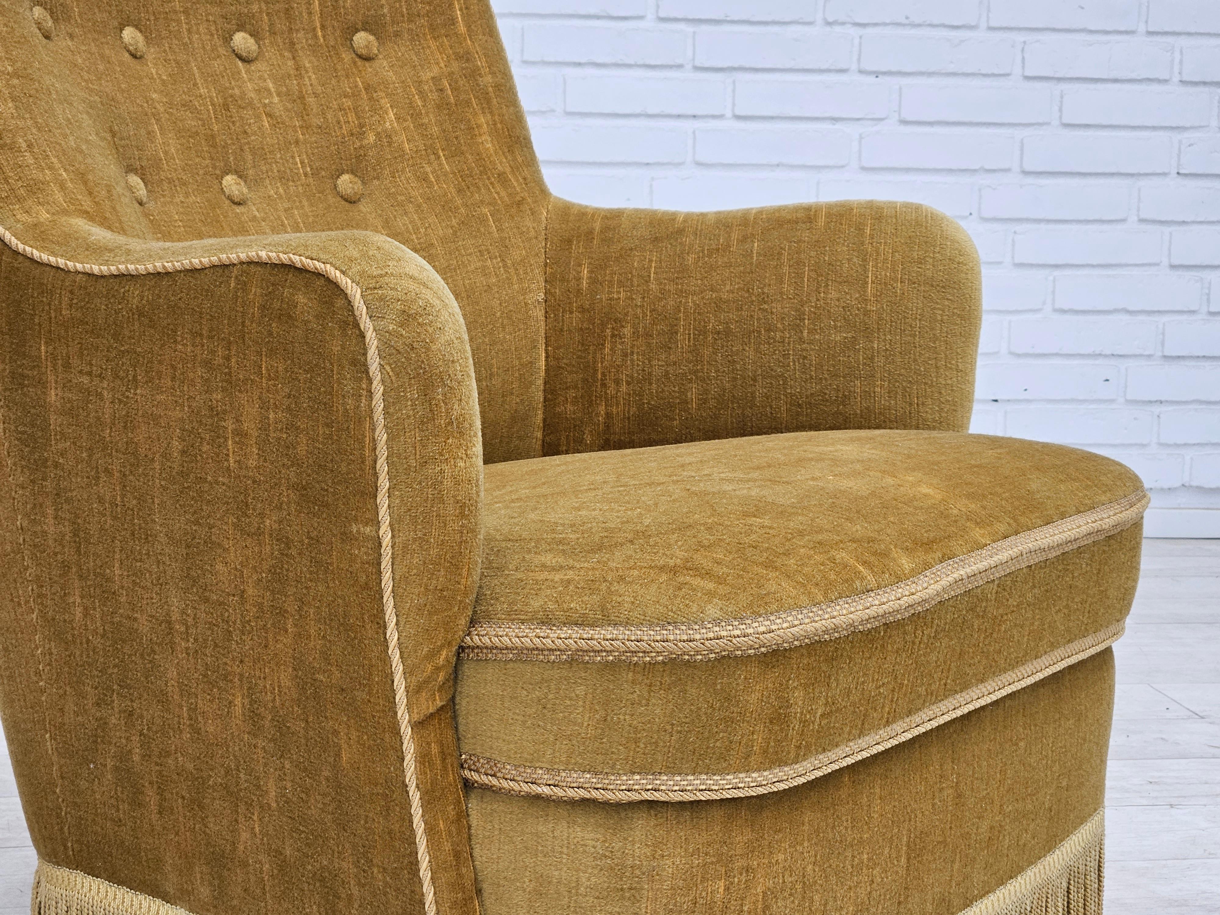 Mid-20th Century 1960s, Danish armchair, original upholstery, light green velour. For Sale